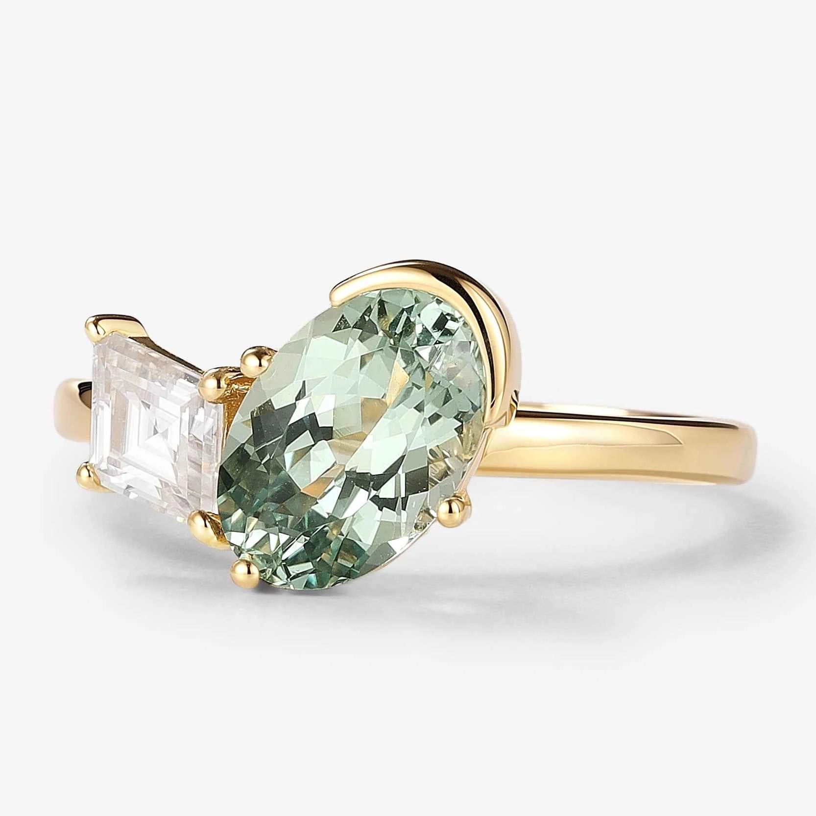 Art Deco Inspired Double-Stone Ring Oval Green Sapphire & Kite Moissanite Engagement Ring