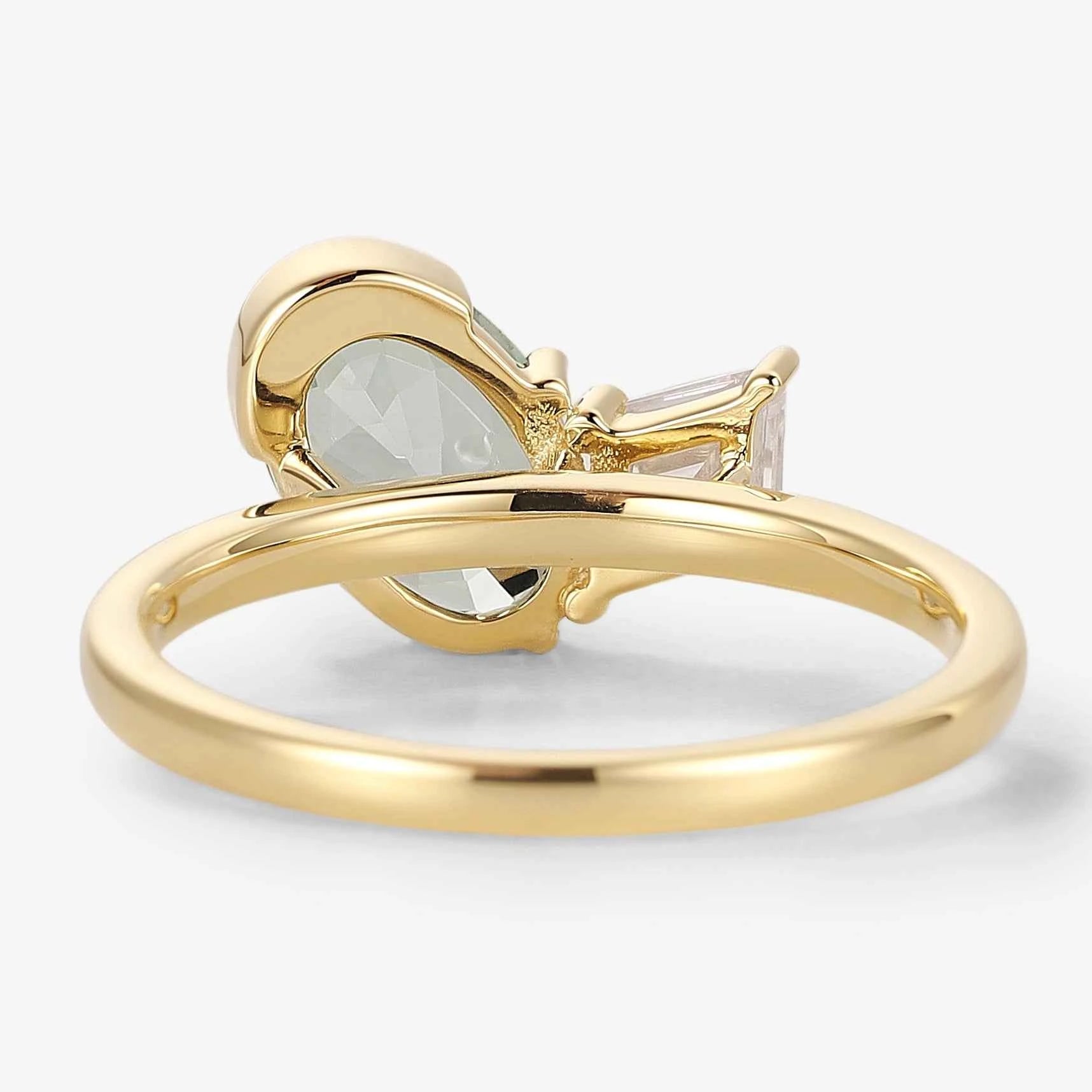 Art Deco Inspired Double-Stone Ring Oval Green Sapphire & Kite Moissanite Engagement Ring