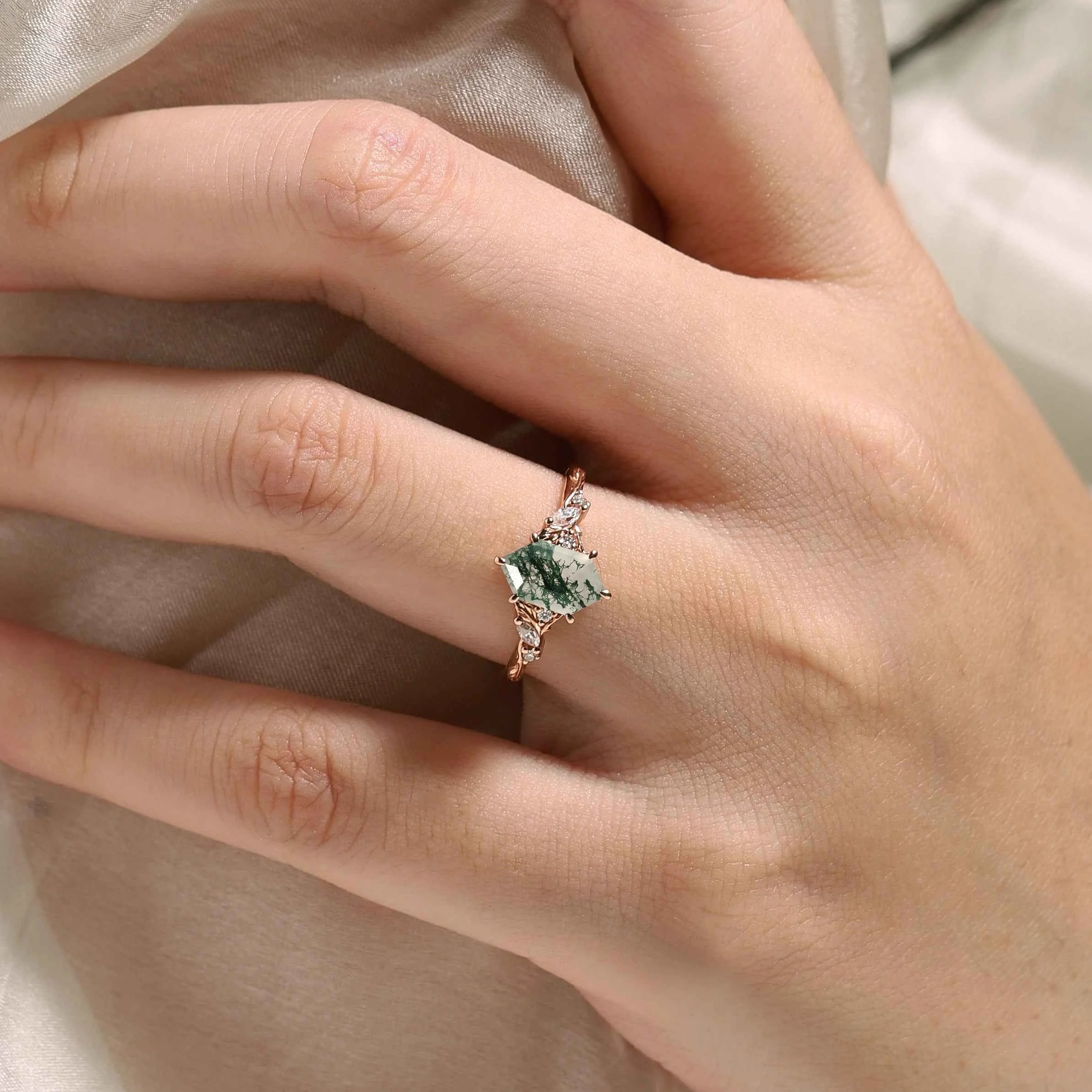 Leaf Inspired Hexagon Cut Moss Agate Engagement Ring