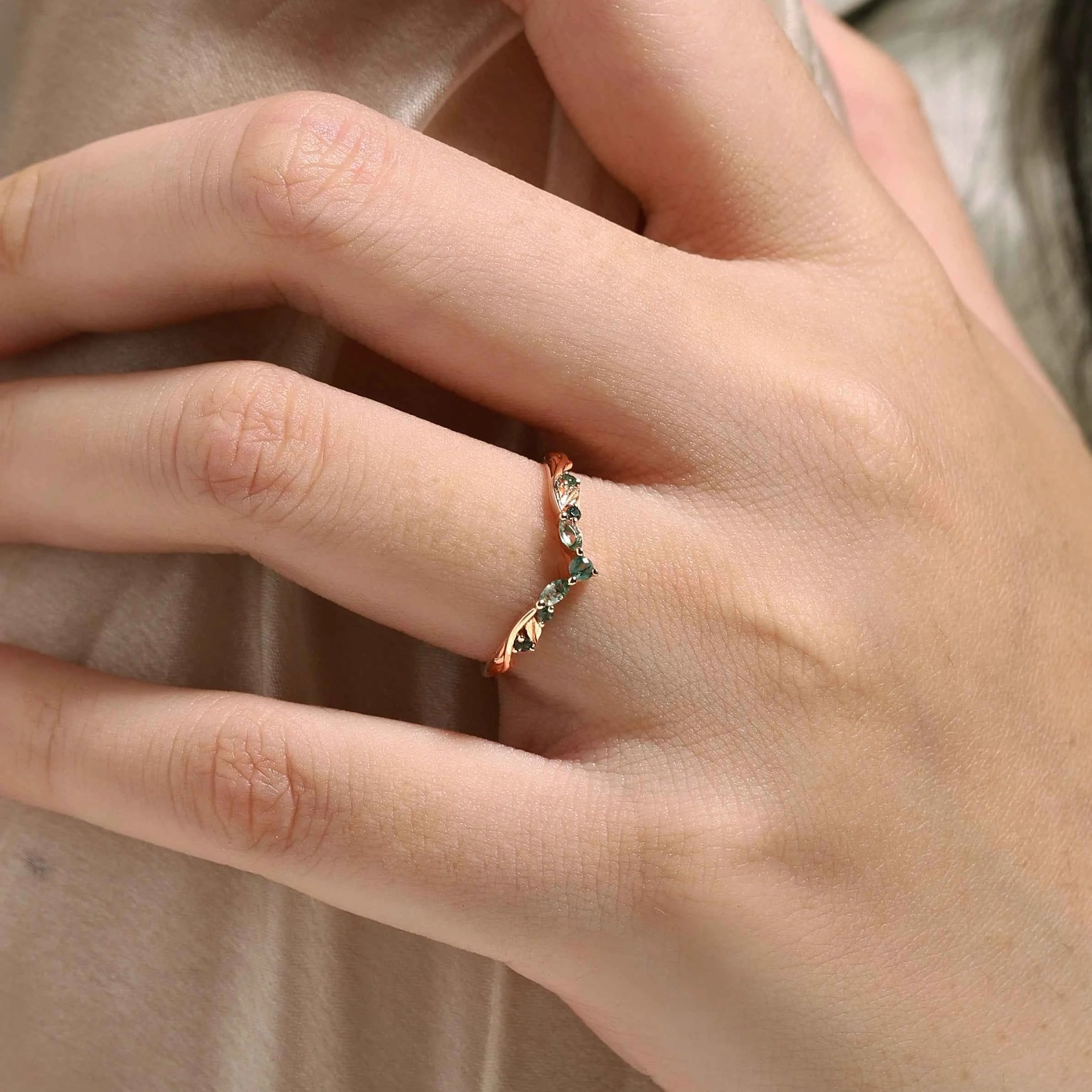 Nature-Inspired Moss Agate Chevron Wedding Band