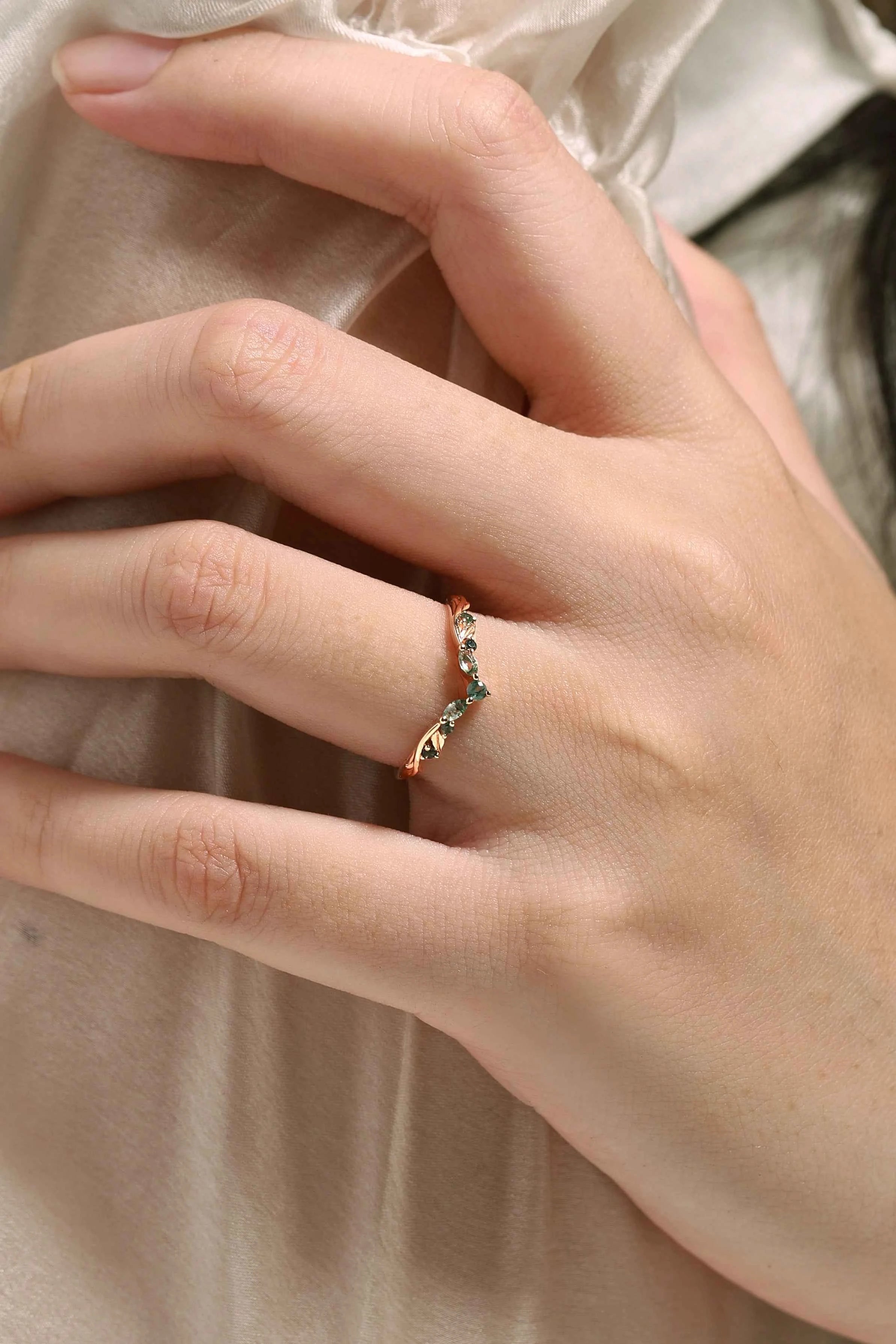 Nature-Inspired Moss Agate Chevron Wedding Band