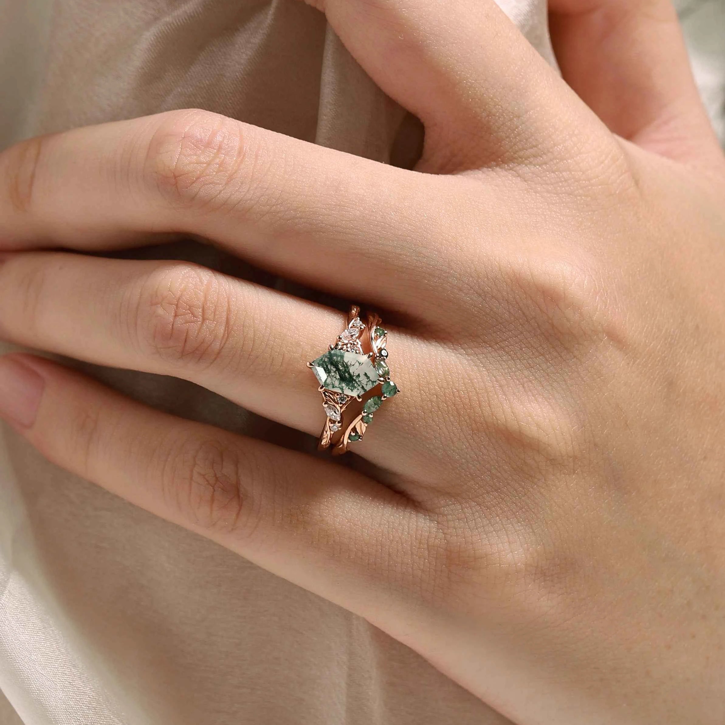 Leaf Inspired Hexagon Cut Moss Agate Engagement Ring Set