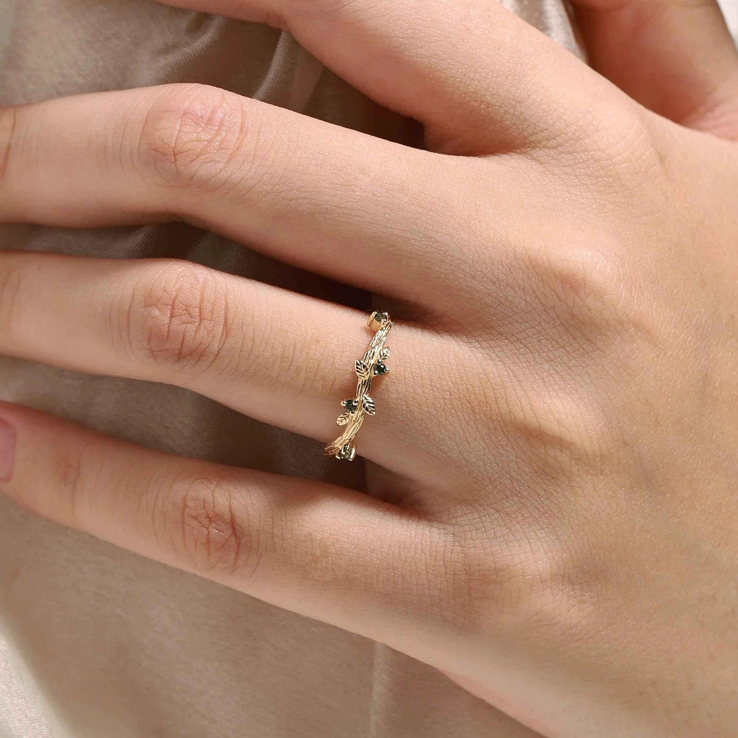 Vine & Leaf Inspired Green Sapphire Curved Wedding Band