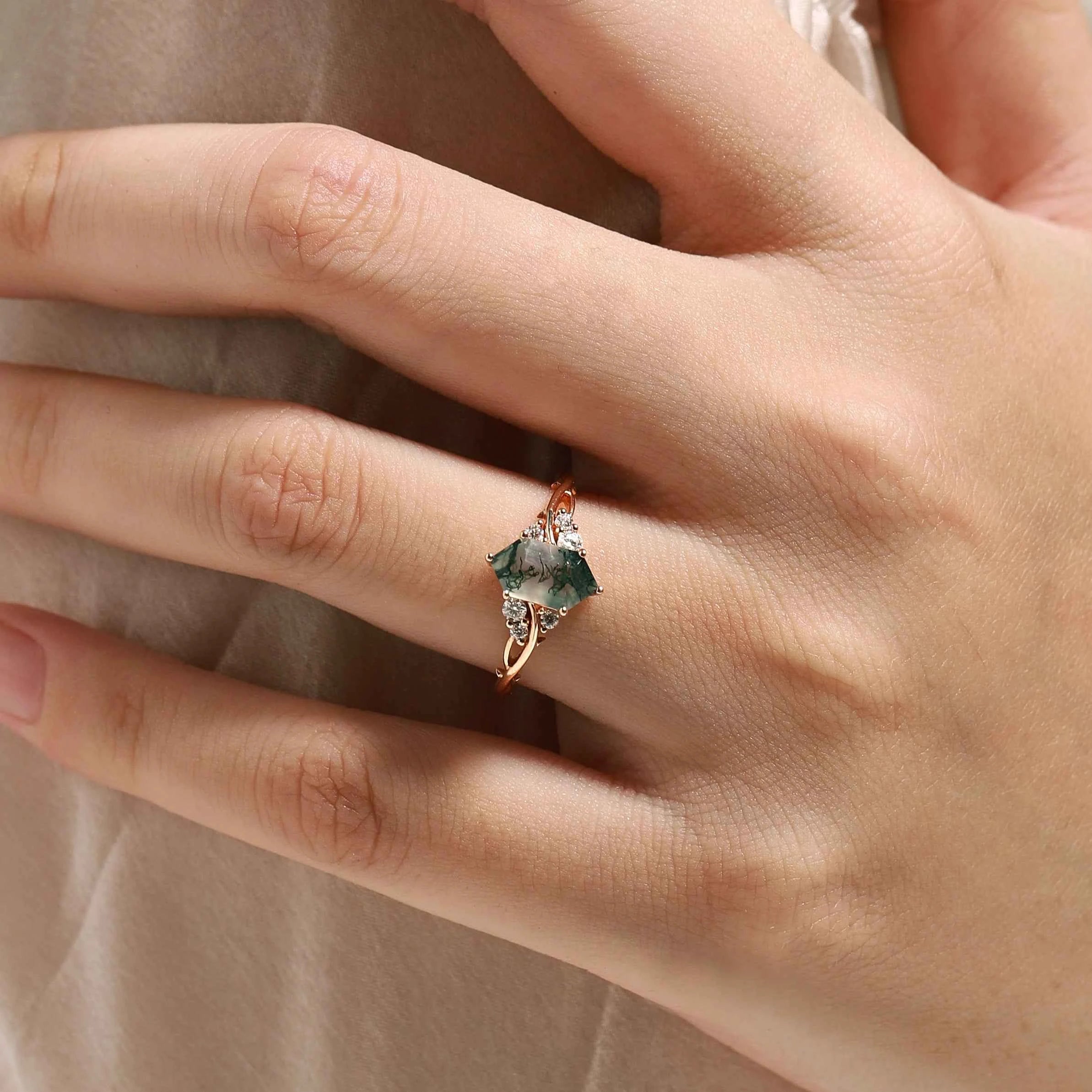 Vine-Inspired Hexagon Cut Moss Agate Engagement Ring