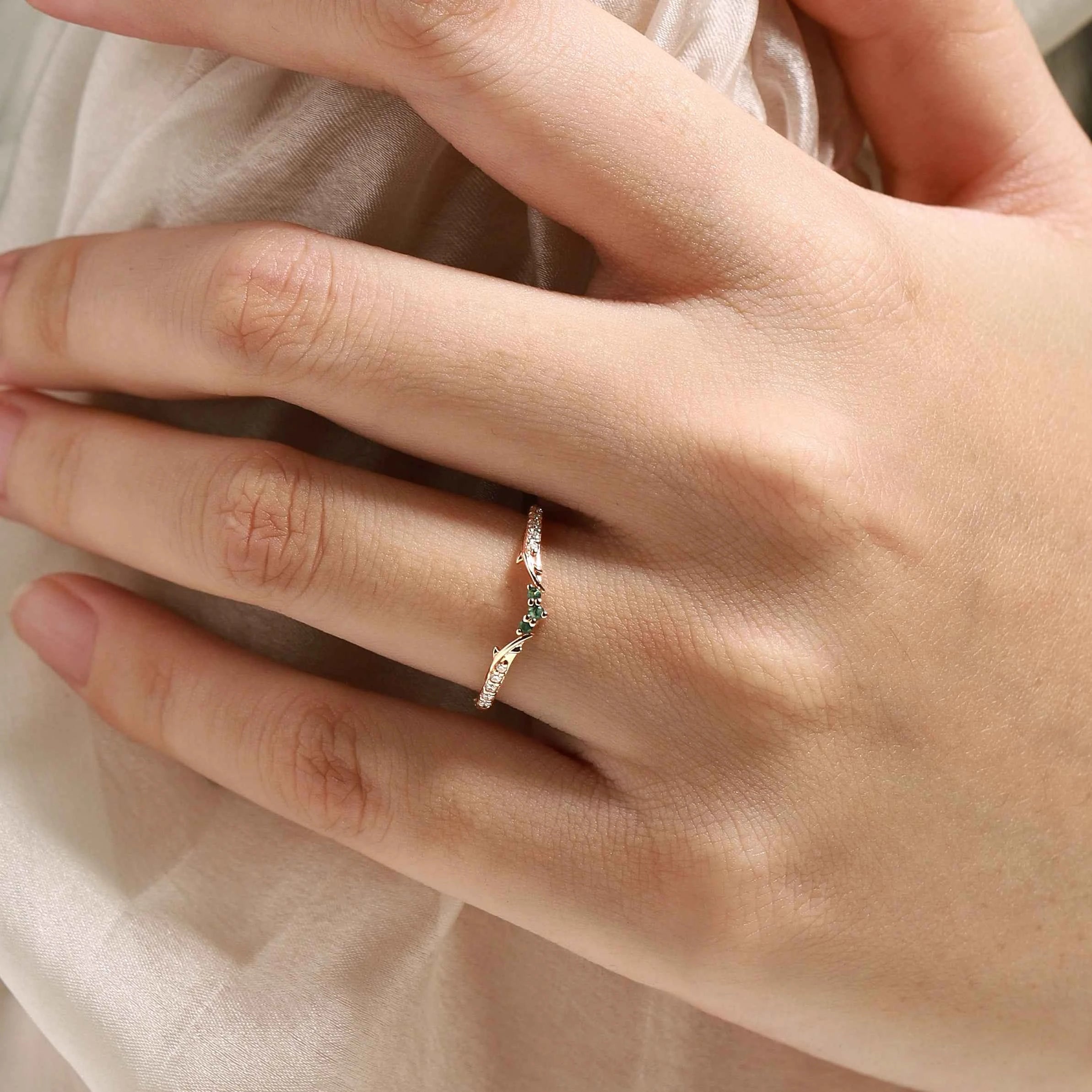 Vine Inspired Moss Agate and Round Moissanite Wedding Band