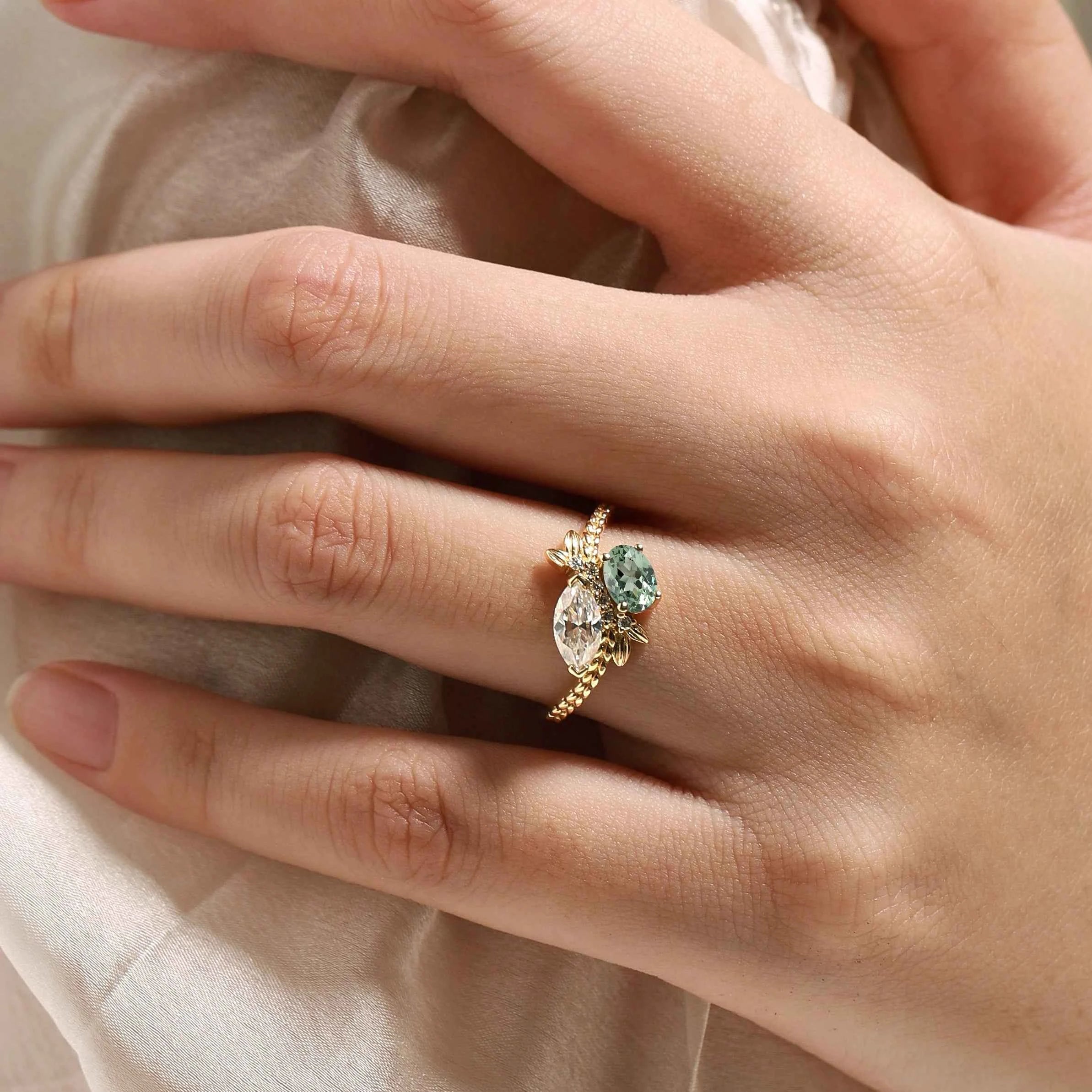 Natural Inspired Toi et Moi 2 Stone Ring Marquise Moissanite & Oval Green Sapphire Engagement Ring