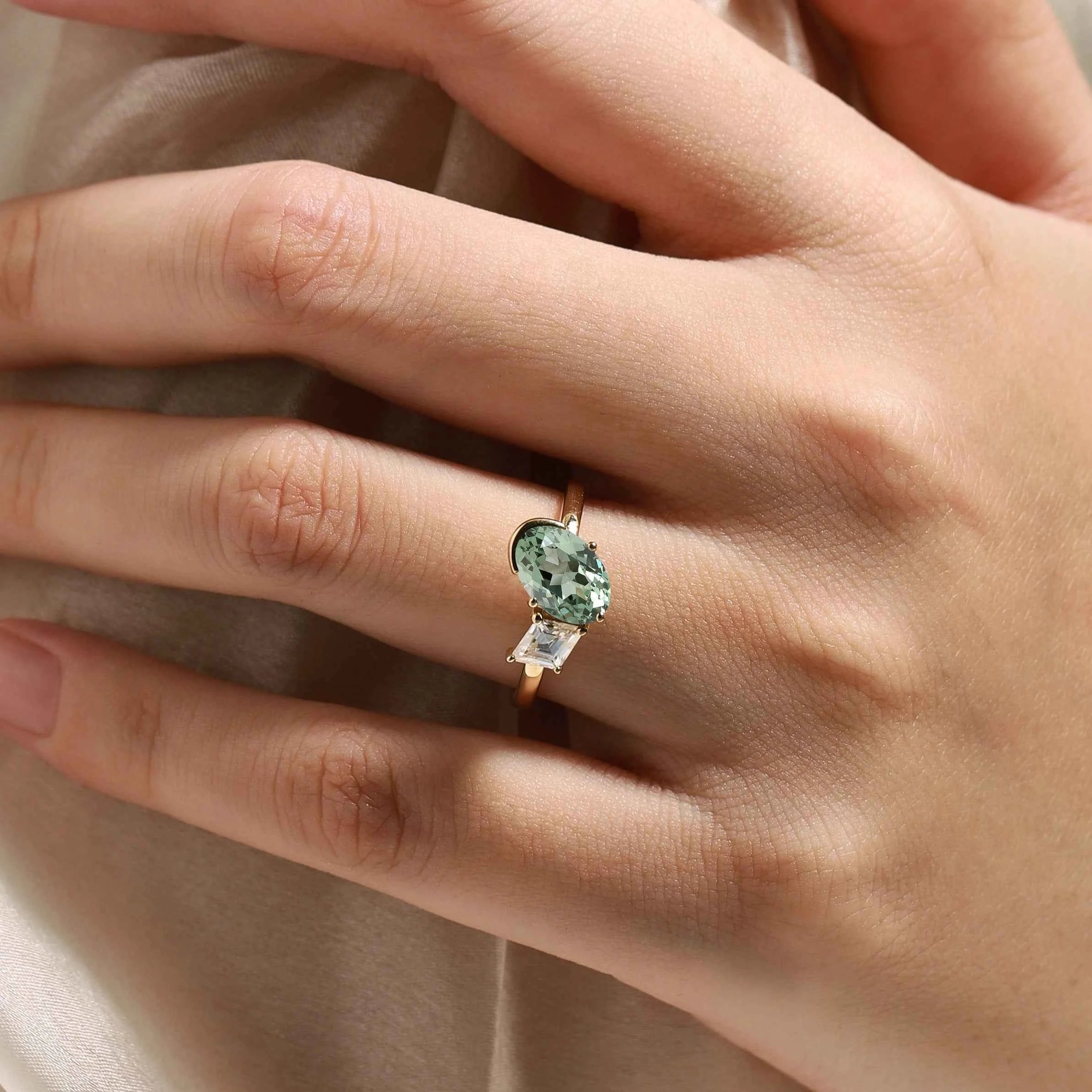 Art Deco Inspired Double-Stone Ring Oval Green Sapphire & Kite Moissanite Engagement Ring