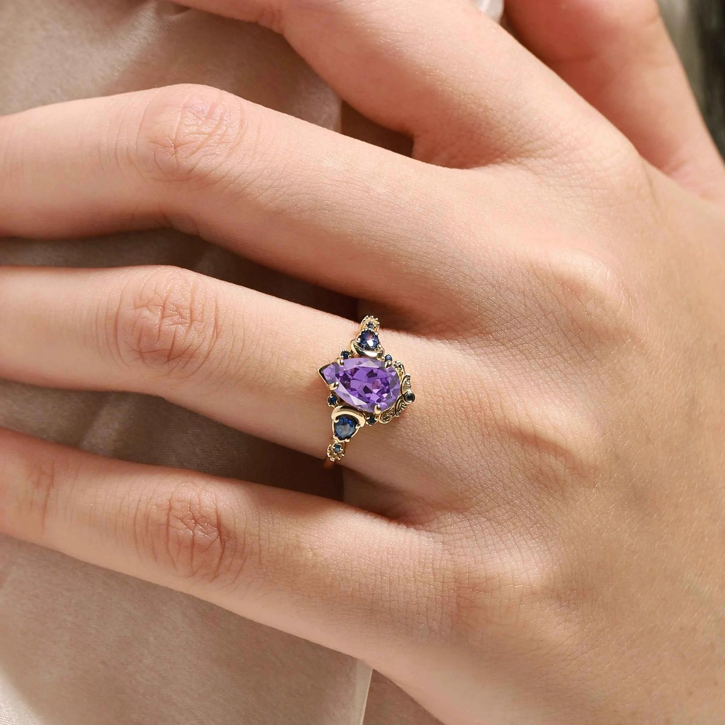 Vintage Baroque Inspired Pear Cut Purple Sapphire Engagement Ring