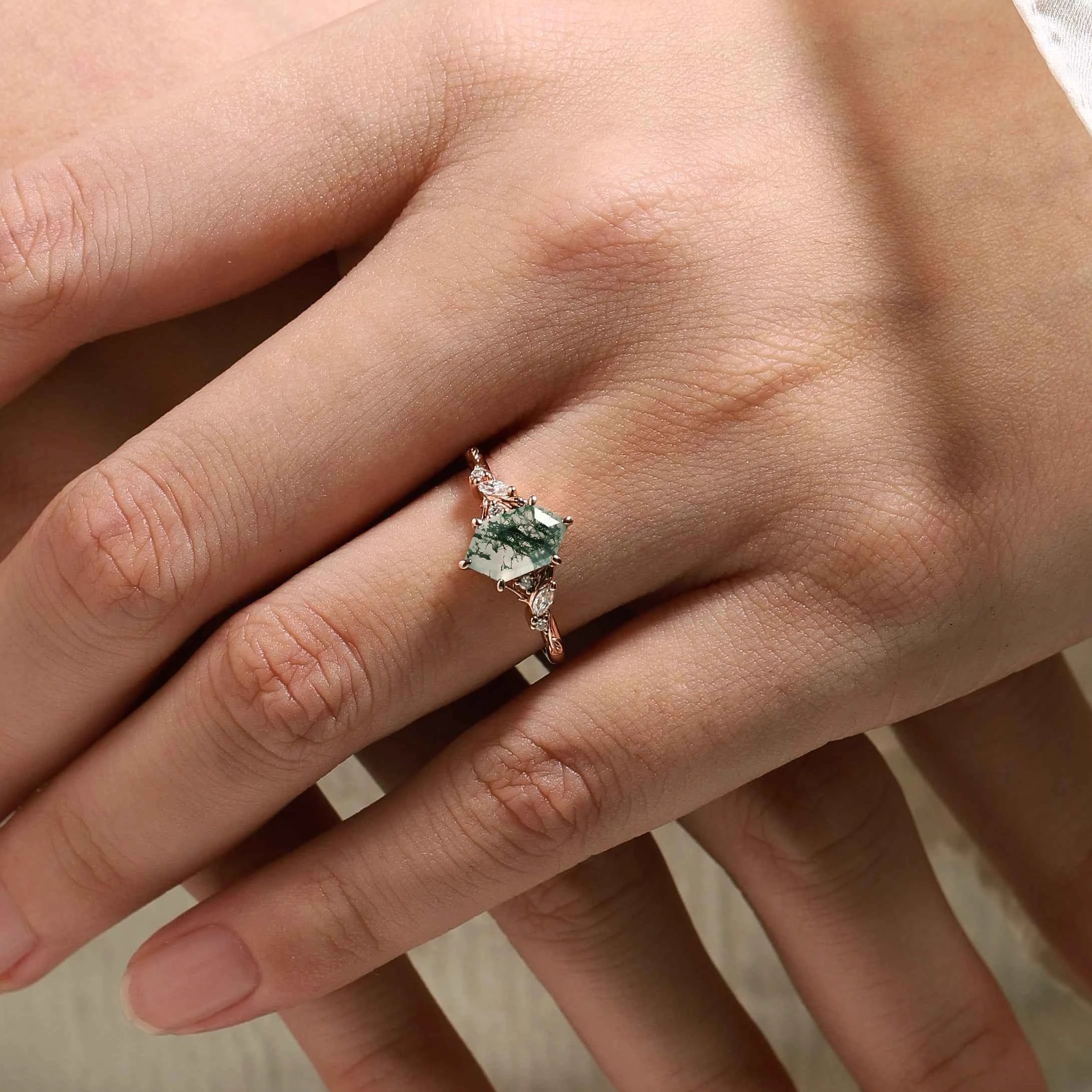 Leaf Inspired Hexagon Cut Moss Agate Engagement Ring