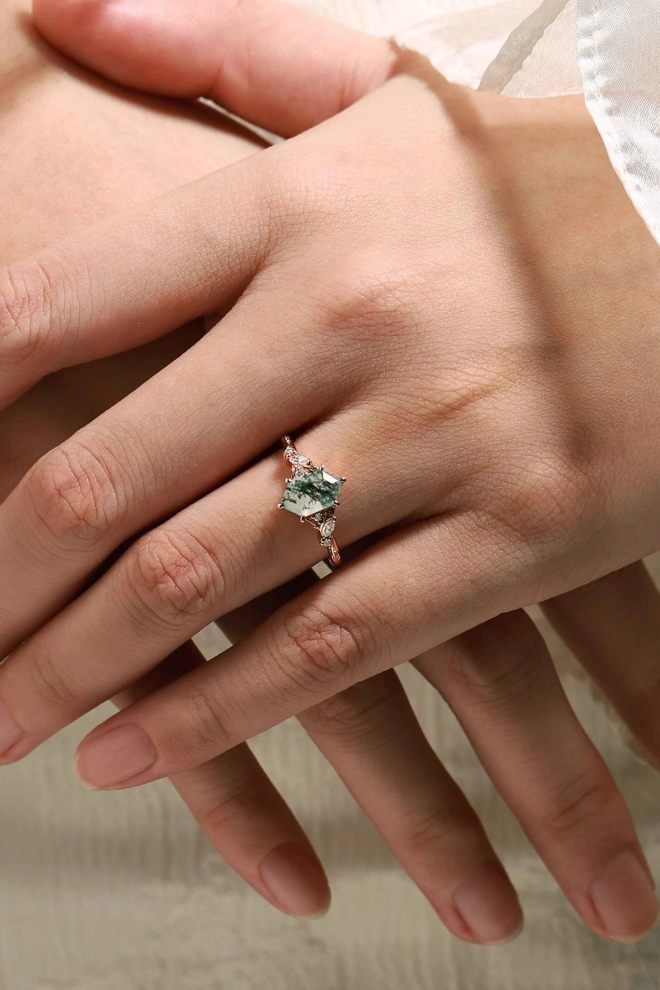 Leaf Inspired Hexagon Cut Moss Agate Engagement Ring