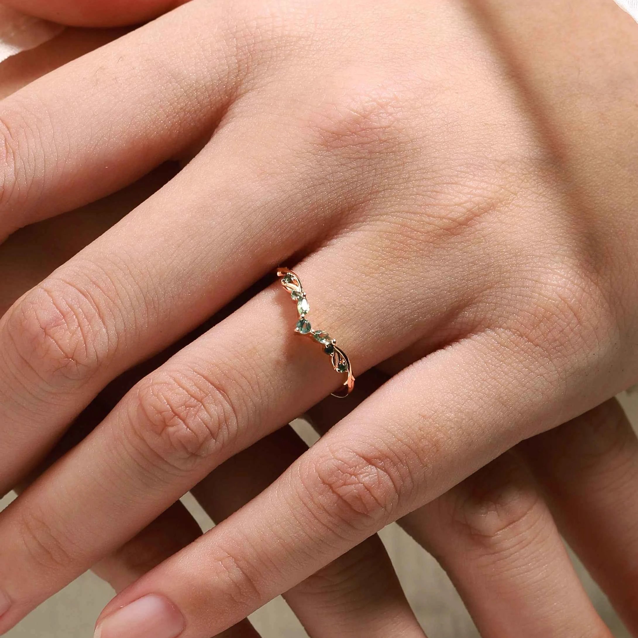 Nature-Inspired Moss Agate Chevron Wedding Band