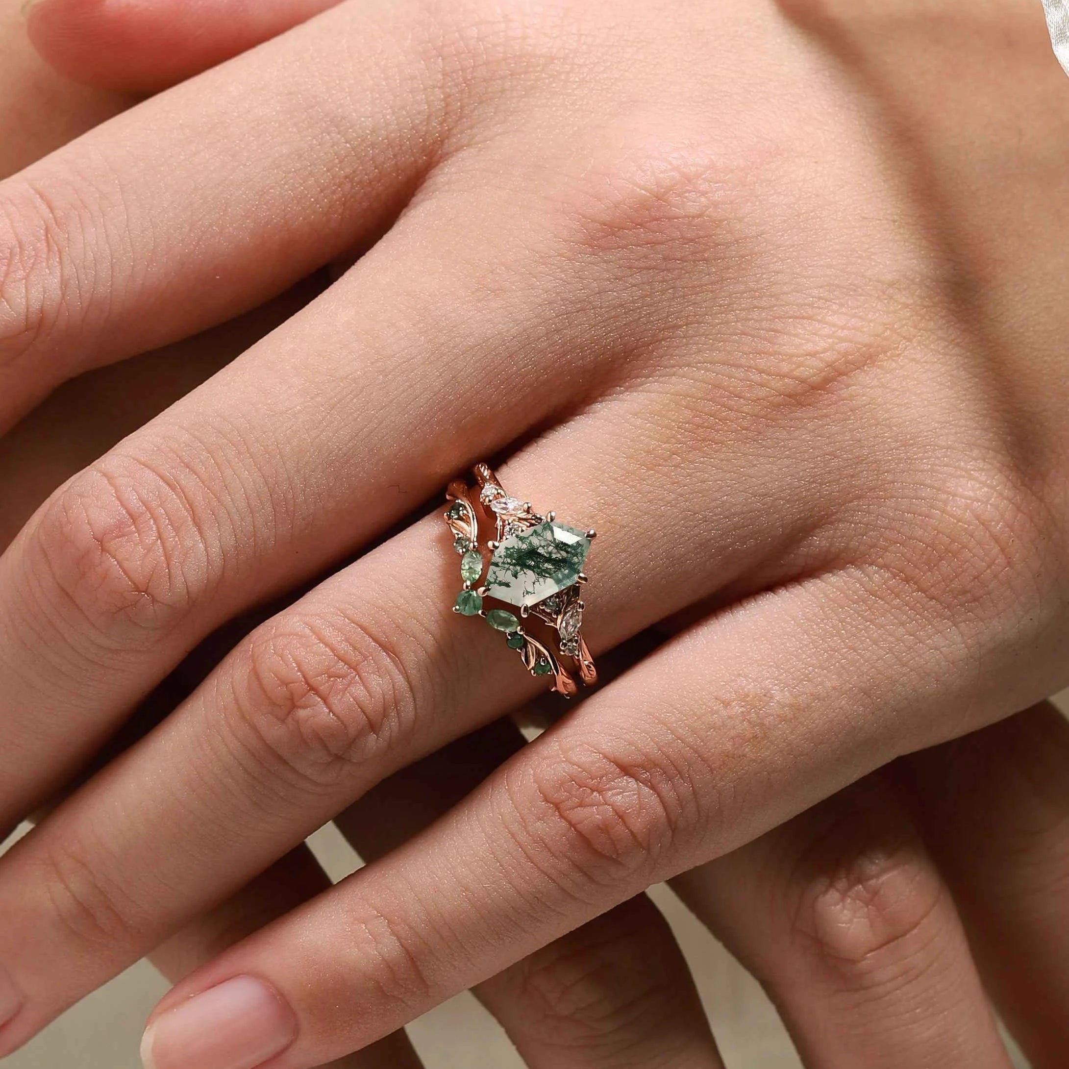Leaf Inspired Hexagon Cut Moss Agate Engagement Ring Set