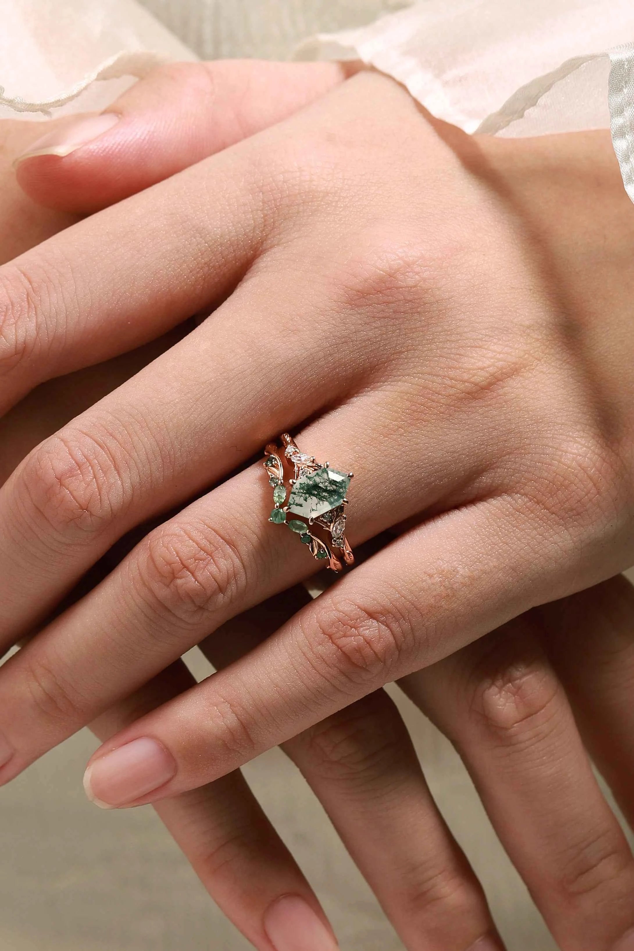 Leaf Inspired Hexagon Cut Moss Agate Engagement Ring Set
