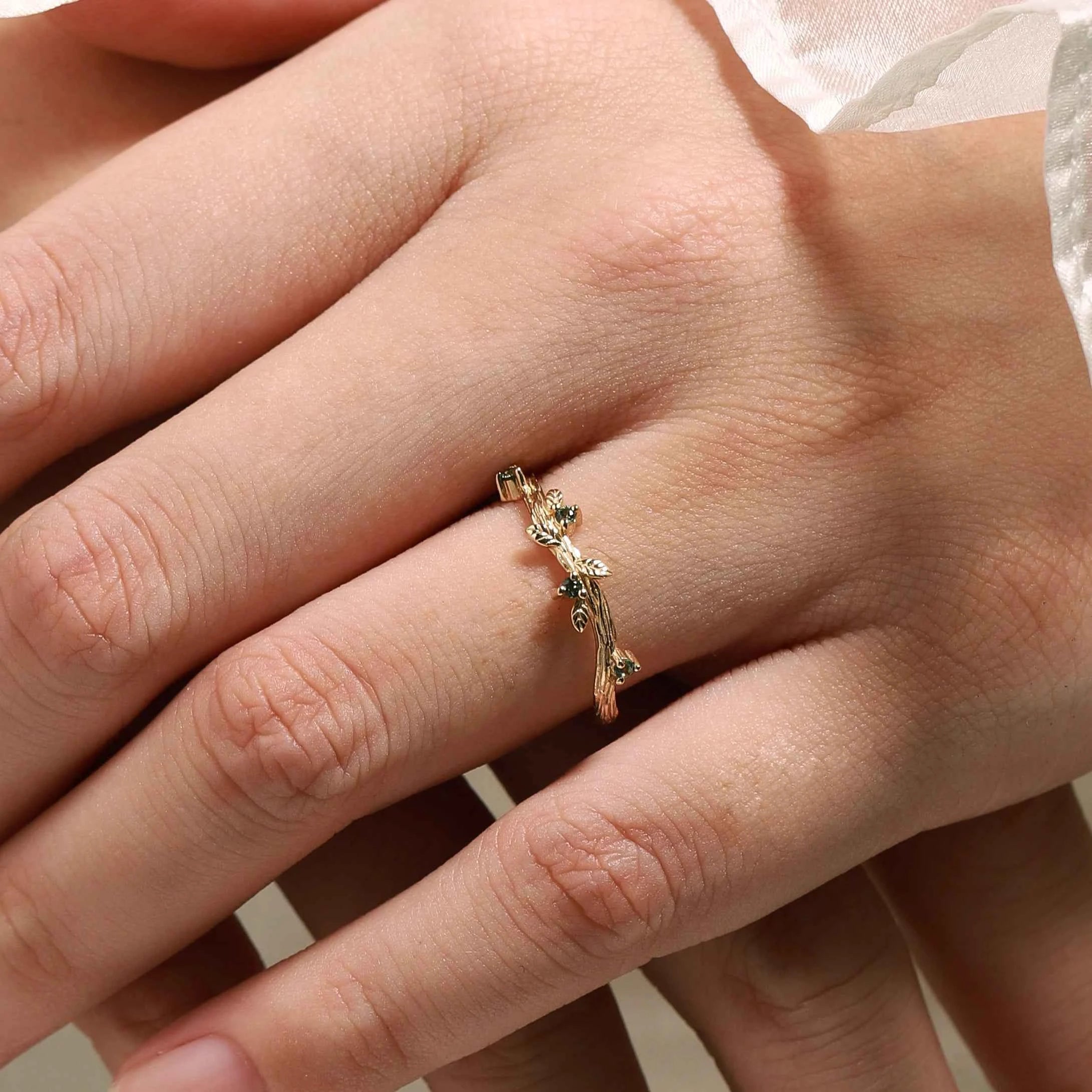 Vine & Leaf Inspired Green Sapphire Curved Wedding Band