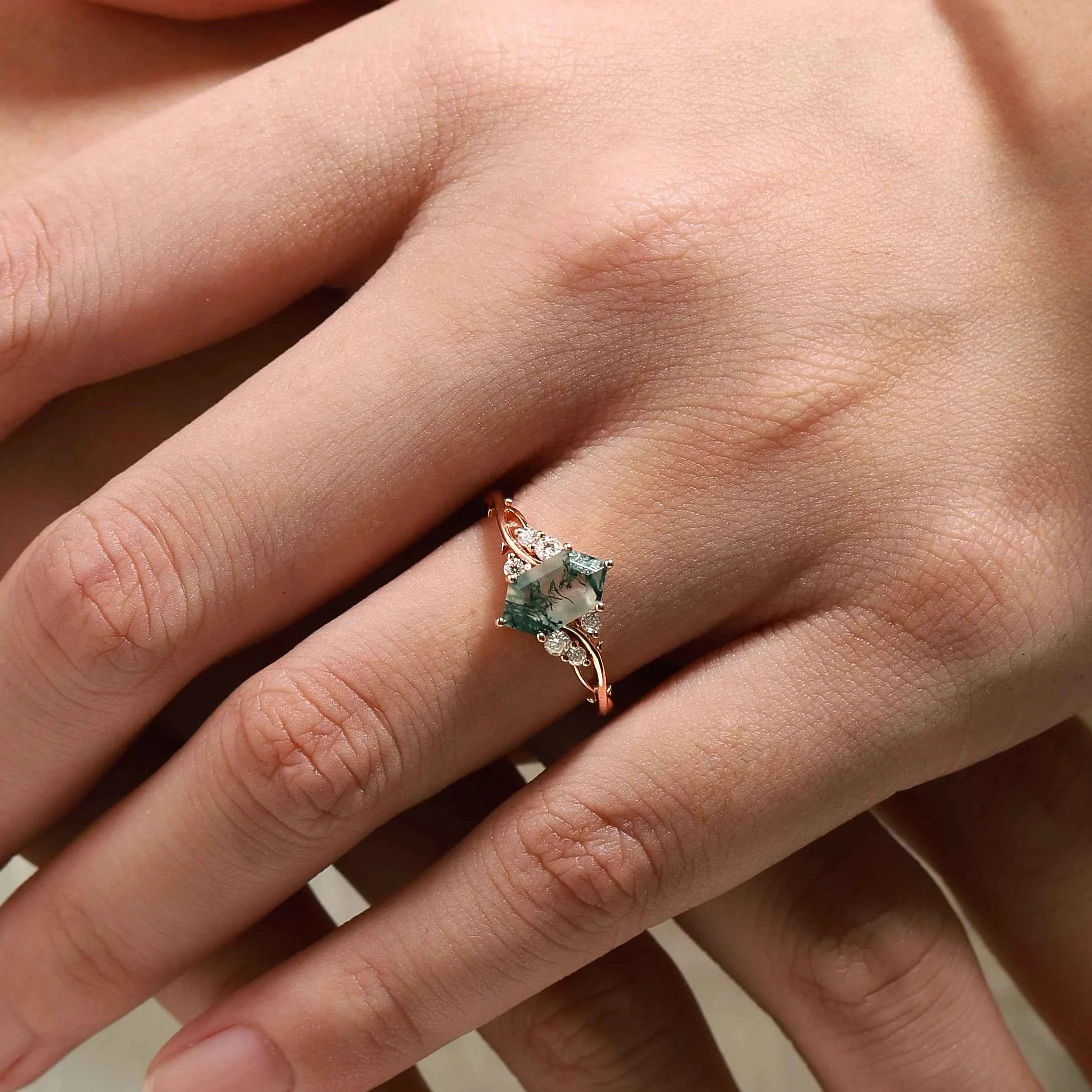 Vine-Inspired Hexagon Cut Moss Agate Engagement Ring