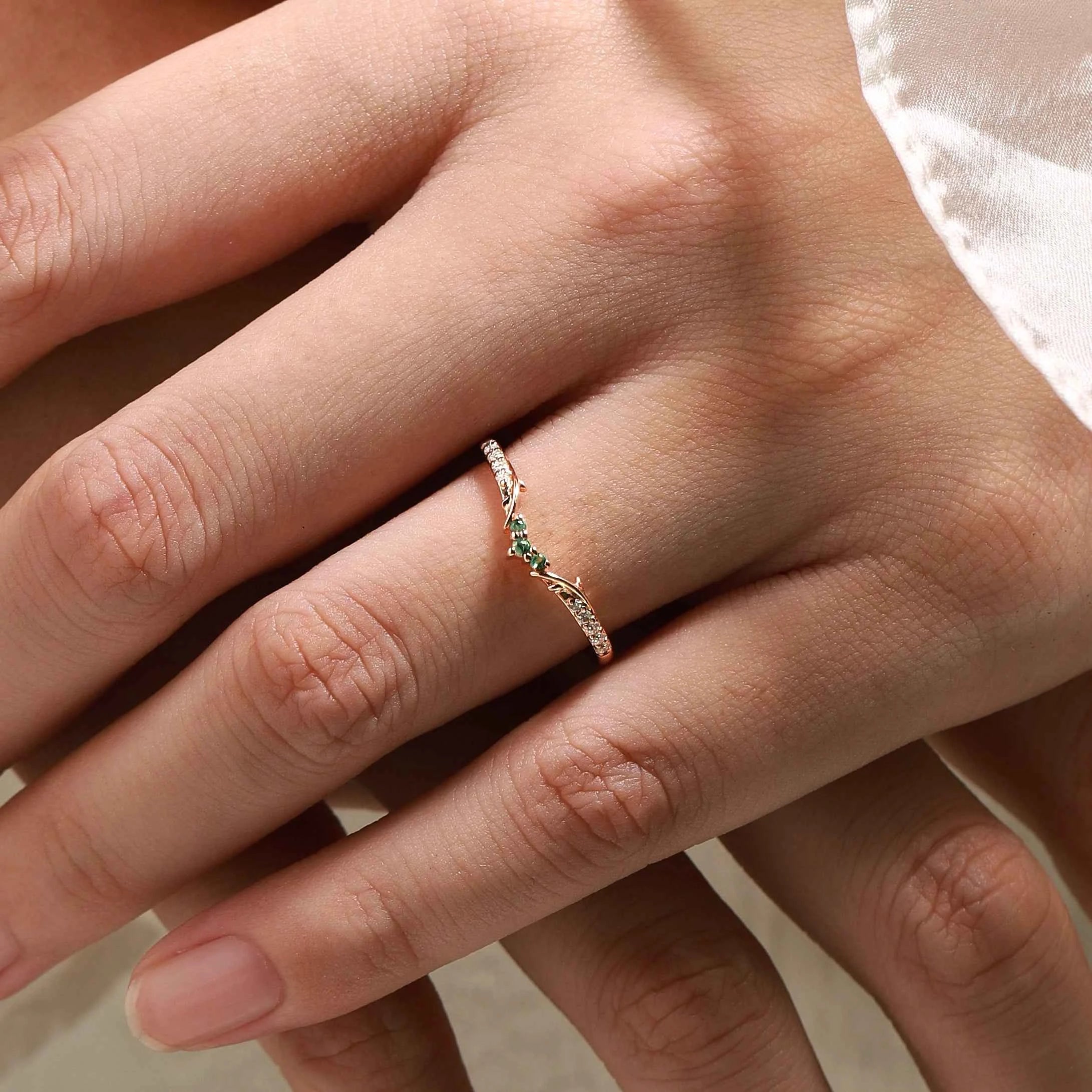 Vine Inspired Moss Agate and Round Moissanite Wedding Band