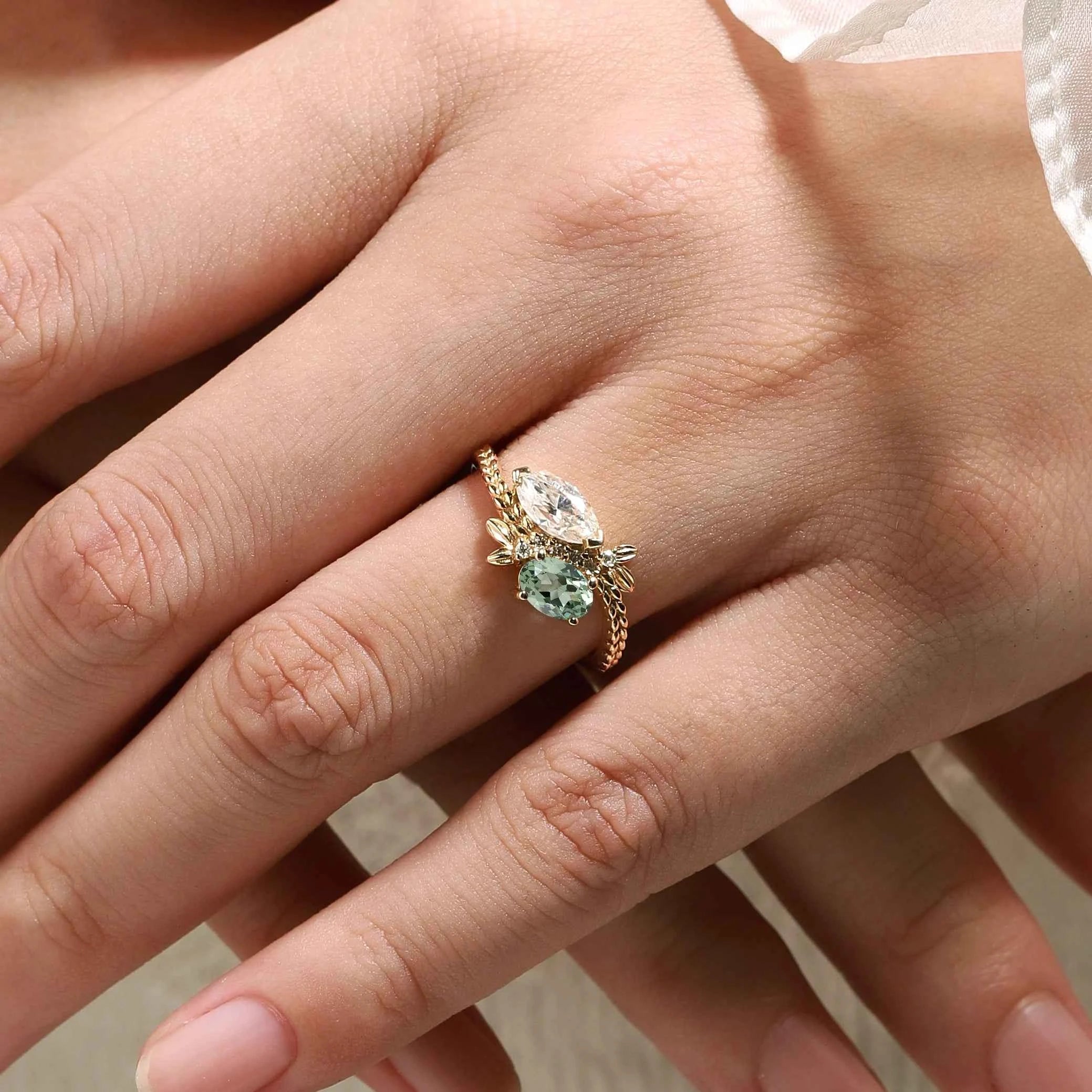 Natural Inspired Toi et Moi 2 Stone Ring Marquise Moissanite & Oval Green Sapphire Engagement Ring