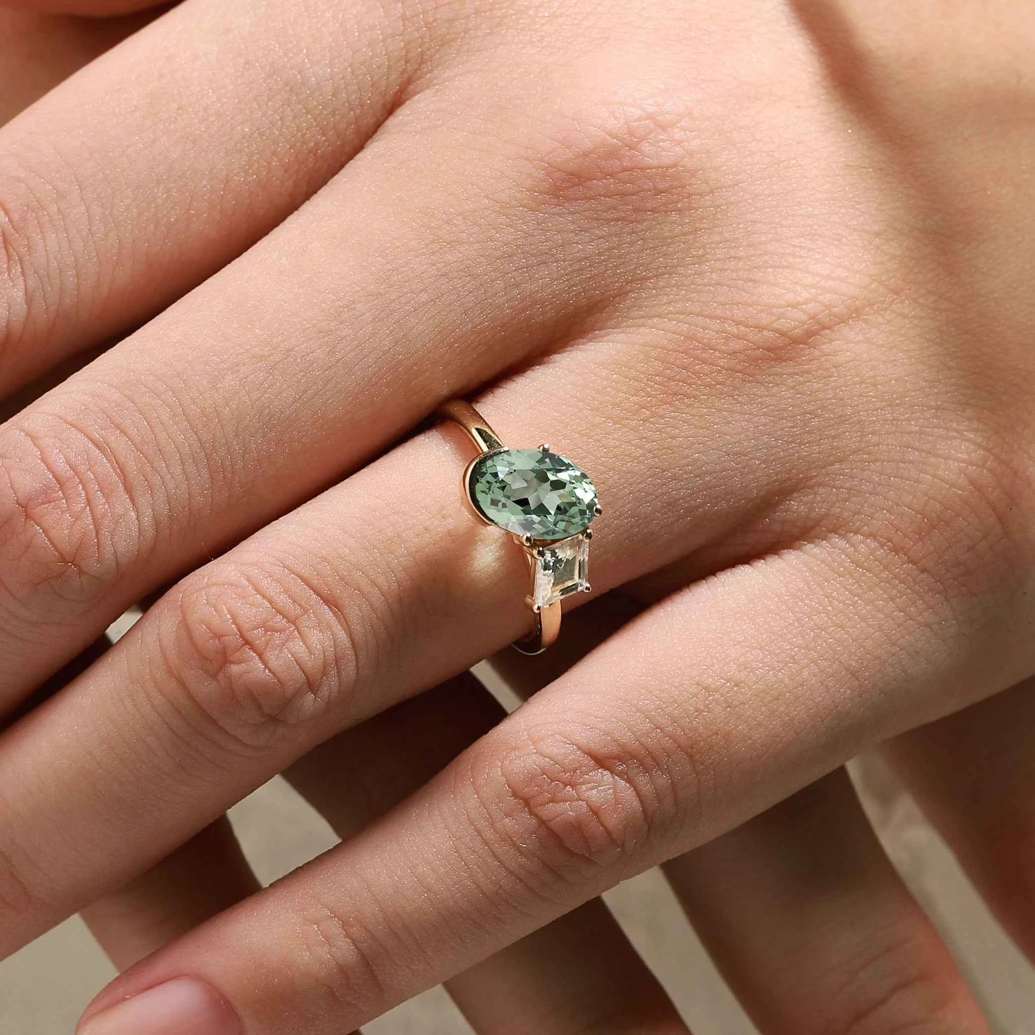 Art Deco Inspired Double-Stone Ring Oval Green Sapphire & Kite Moissanite Engagement Ring