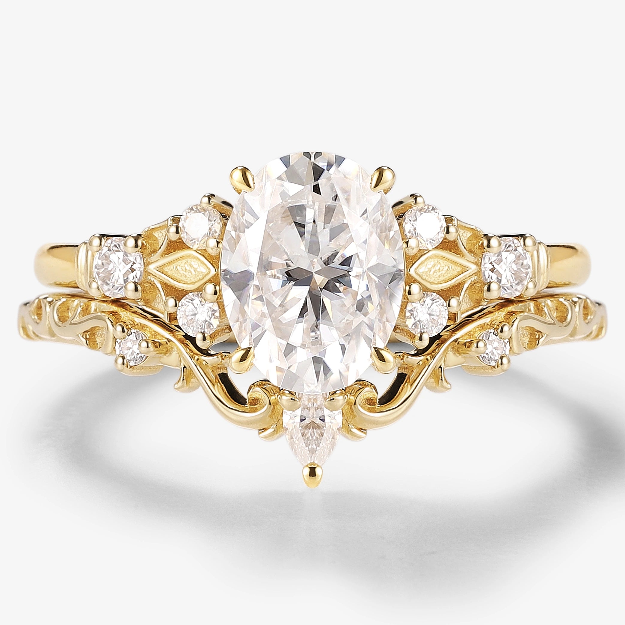 Oval Moissanite Vintage Engagement Ring Sets 2pcs - Lahela Jewelry