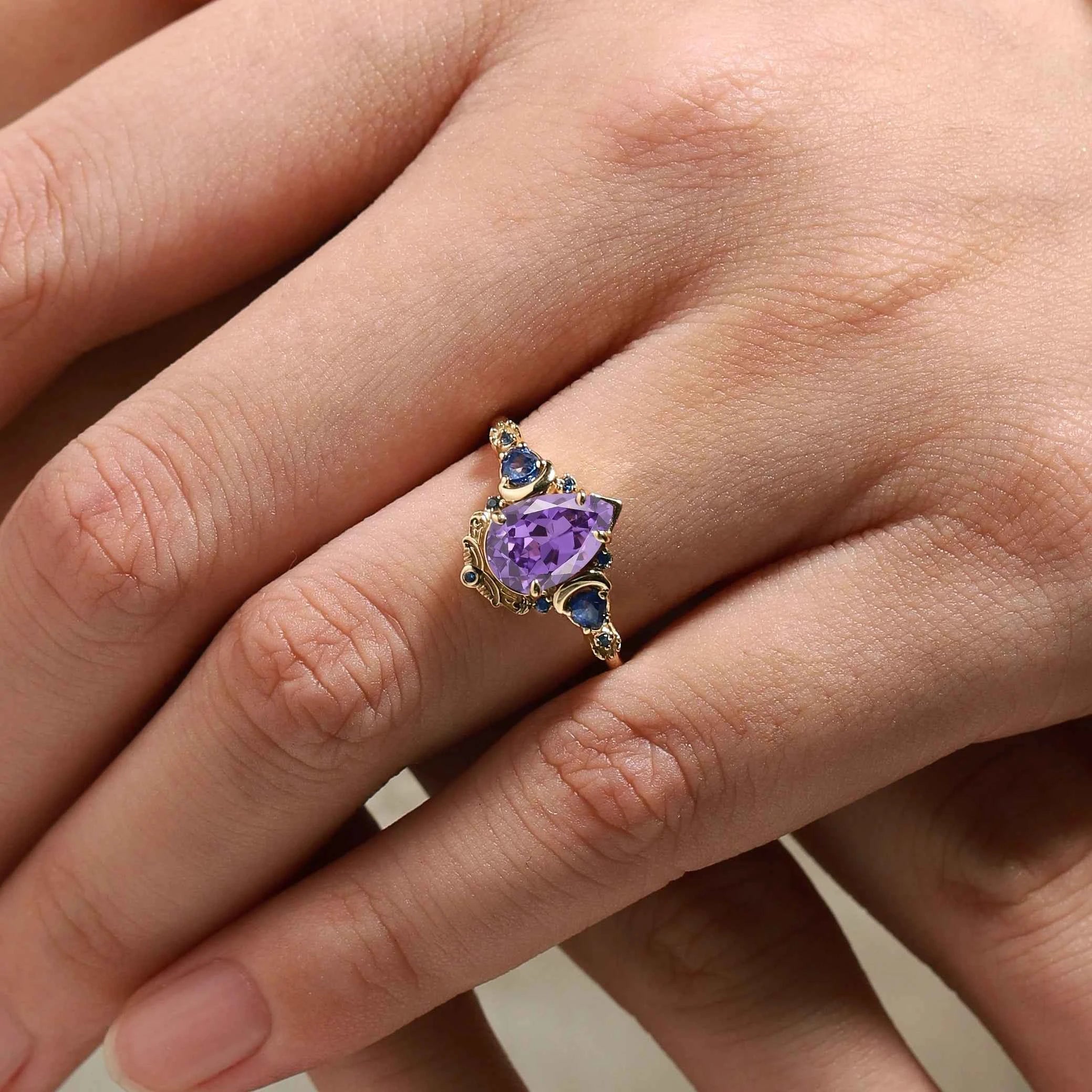 Vintage Baroque Inspired Pear Cut Purple Sapphire Engagement Ring