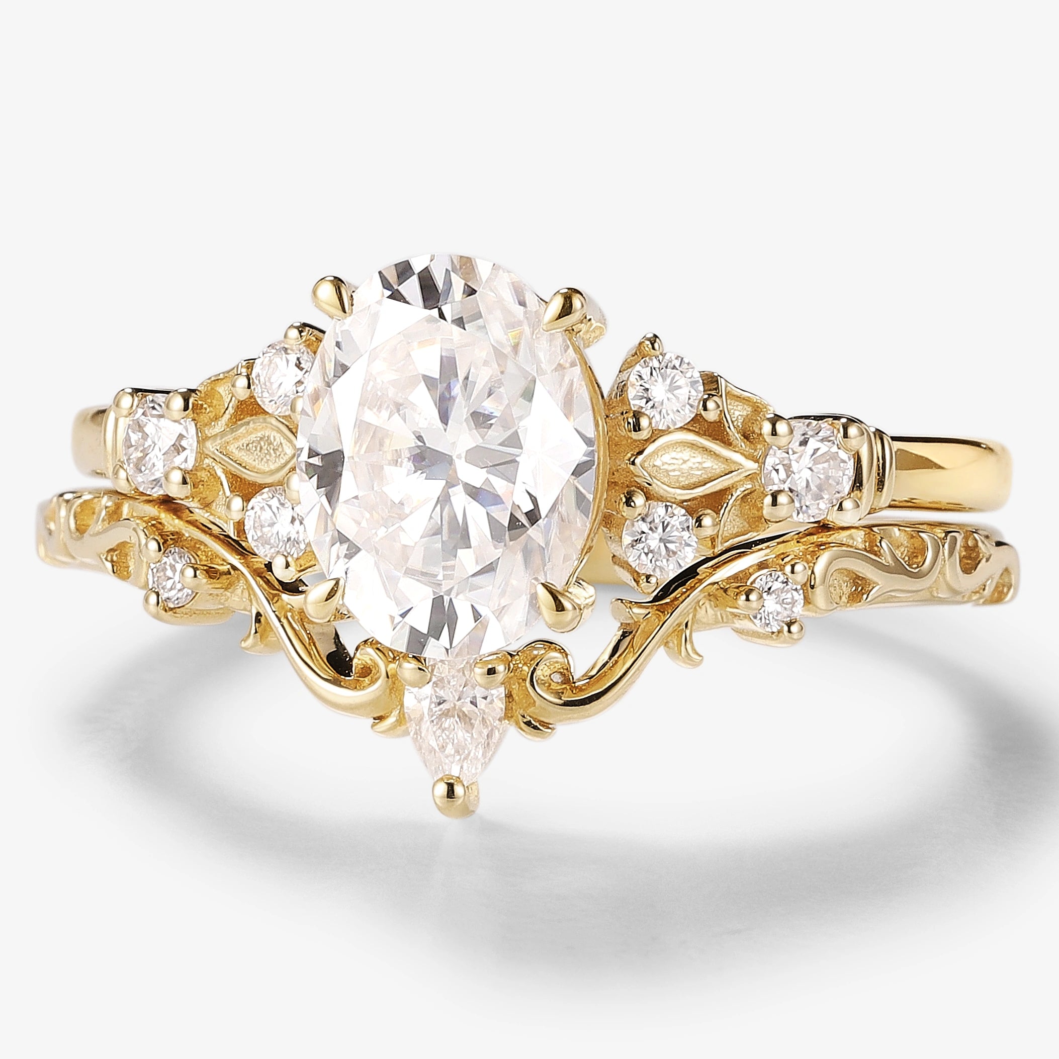 Oval Moissanite Vintage Engagement Ring Sets 2pcs - Lahela Jewelry