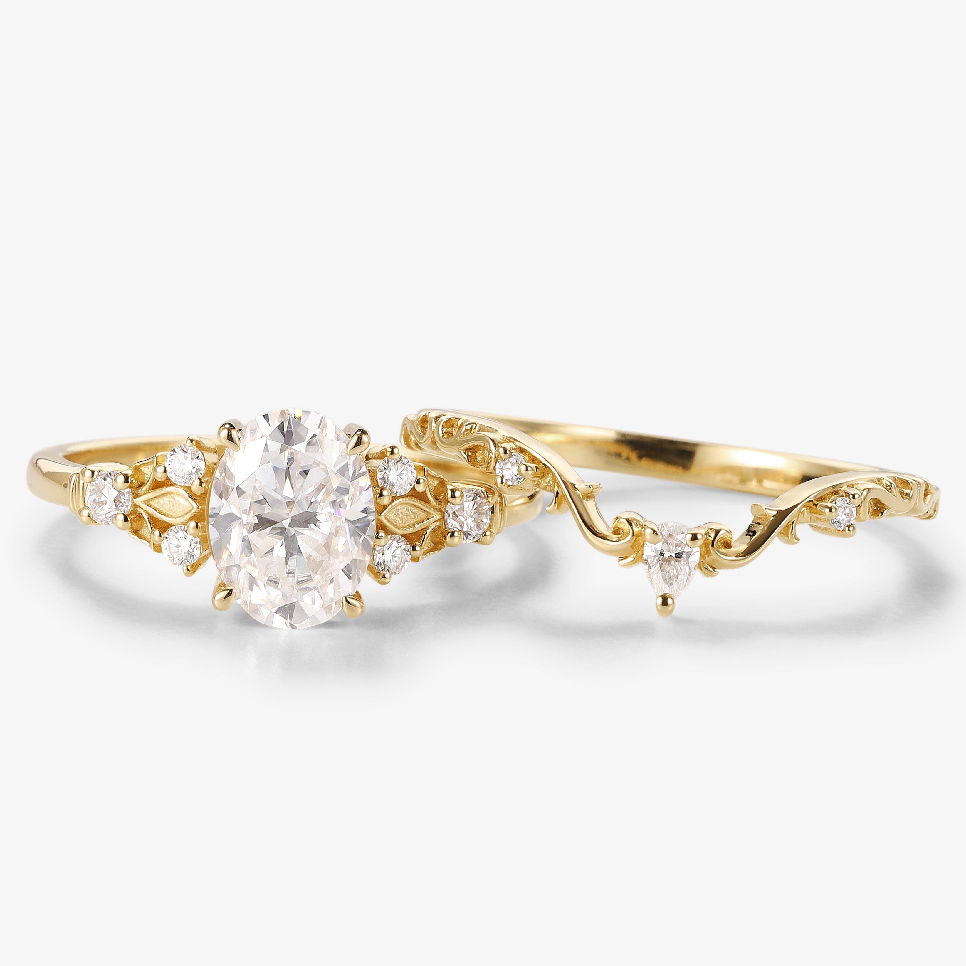 Oval Moissanite Vintage Engagement Ring Sets 2pcs - Lahela Jewelry