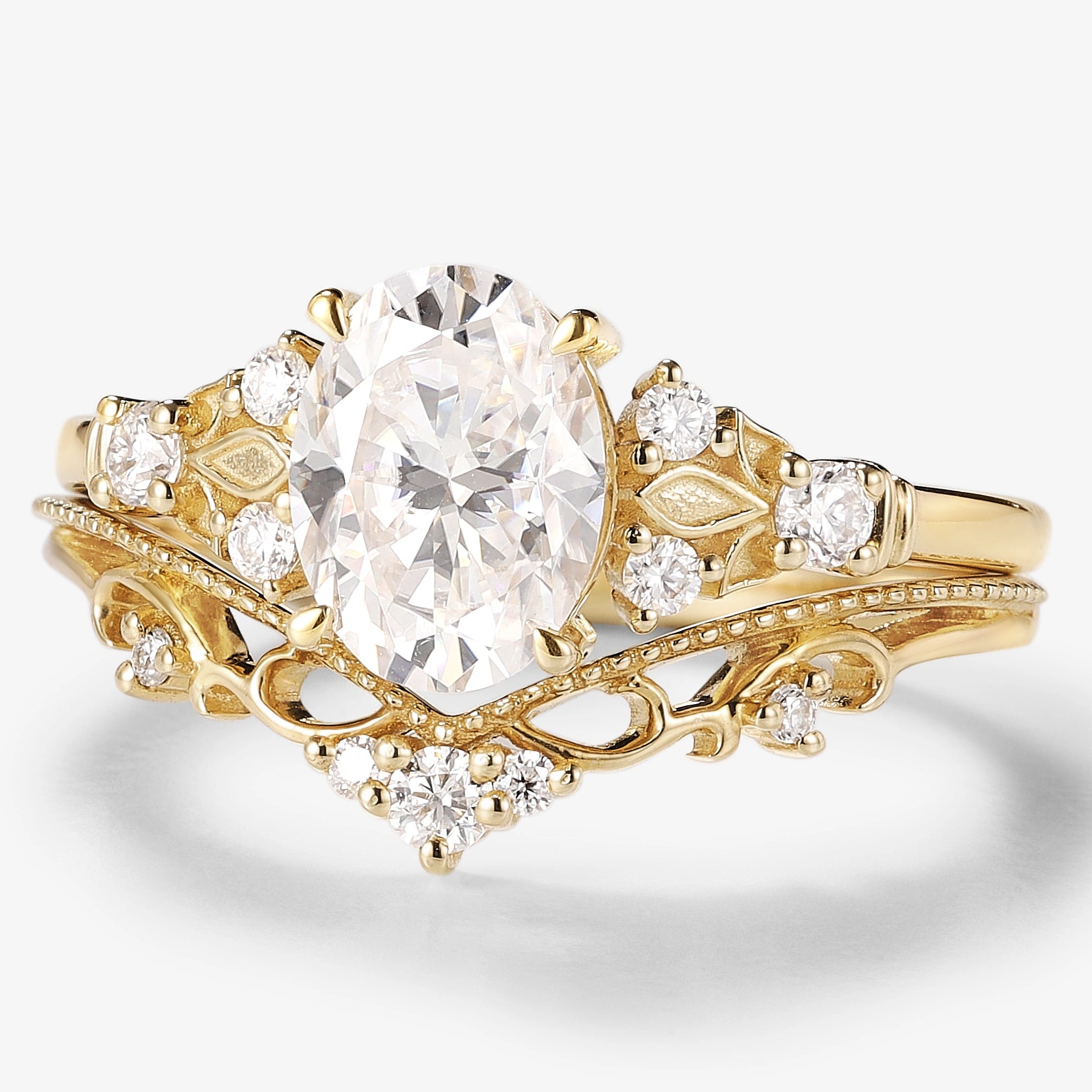 Oval Moissanite Engagement Ring Curved Wedding Band 2pcs - Lahela Jewelry