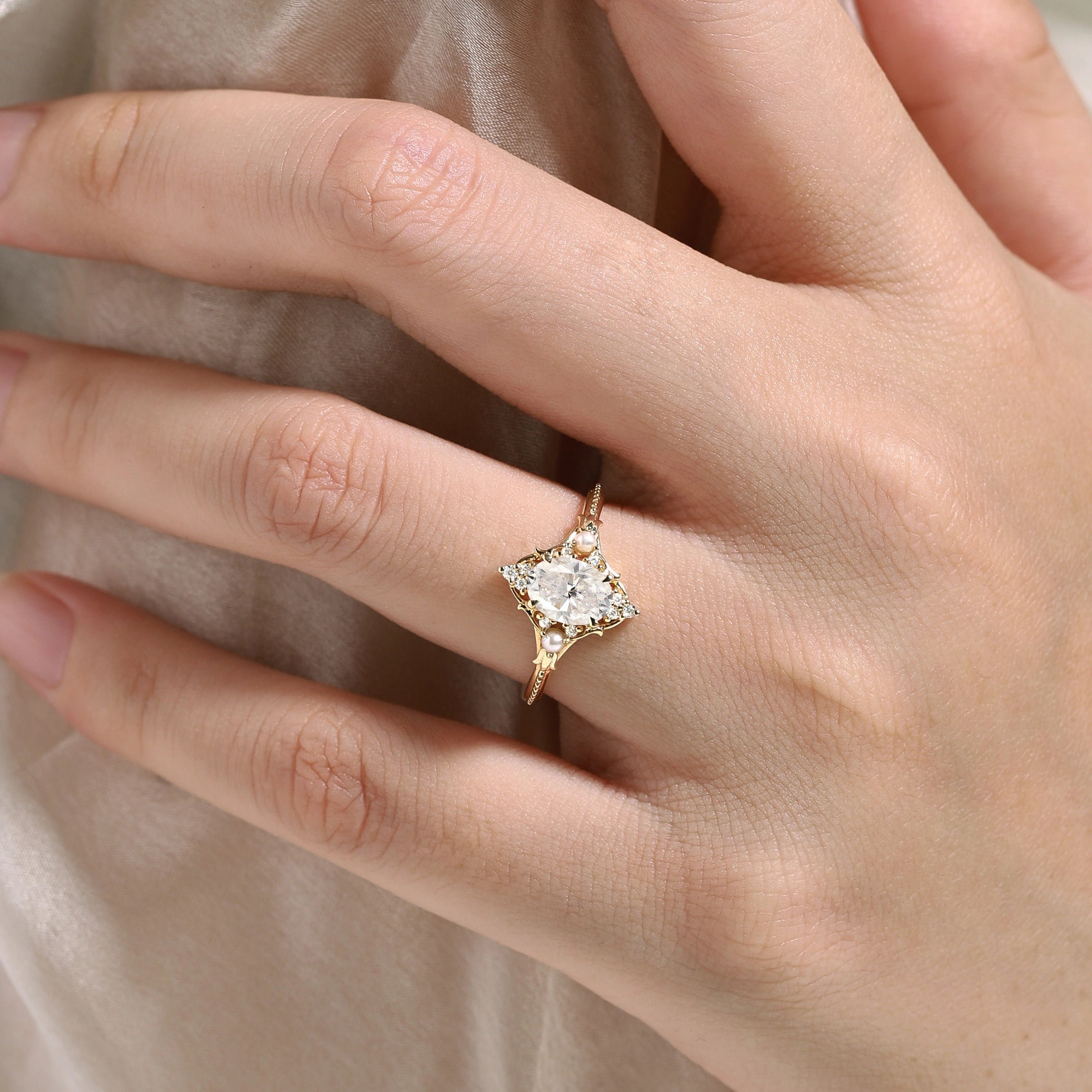 Signature Vintage Moissanite Engagement Ring With Pearl - Lahela Jewelry