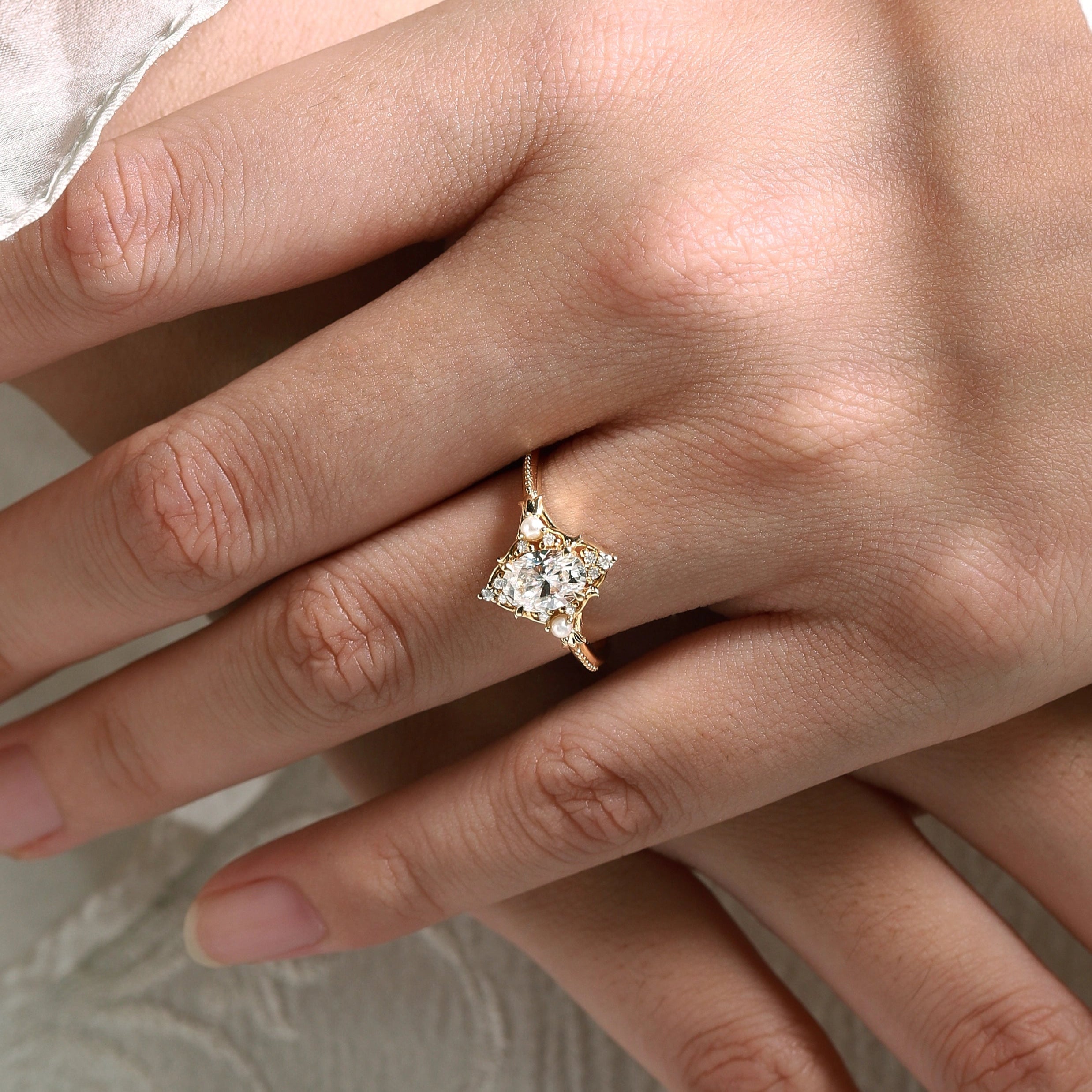 Signature Vintage Moissanite Engagement Ring With Pearl - Lahela Jewelry