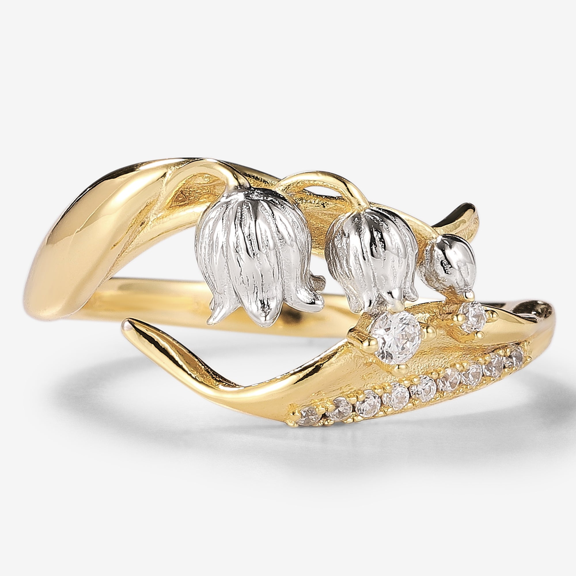 Lily of the Valley engagement ring with moissanite, gold band