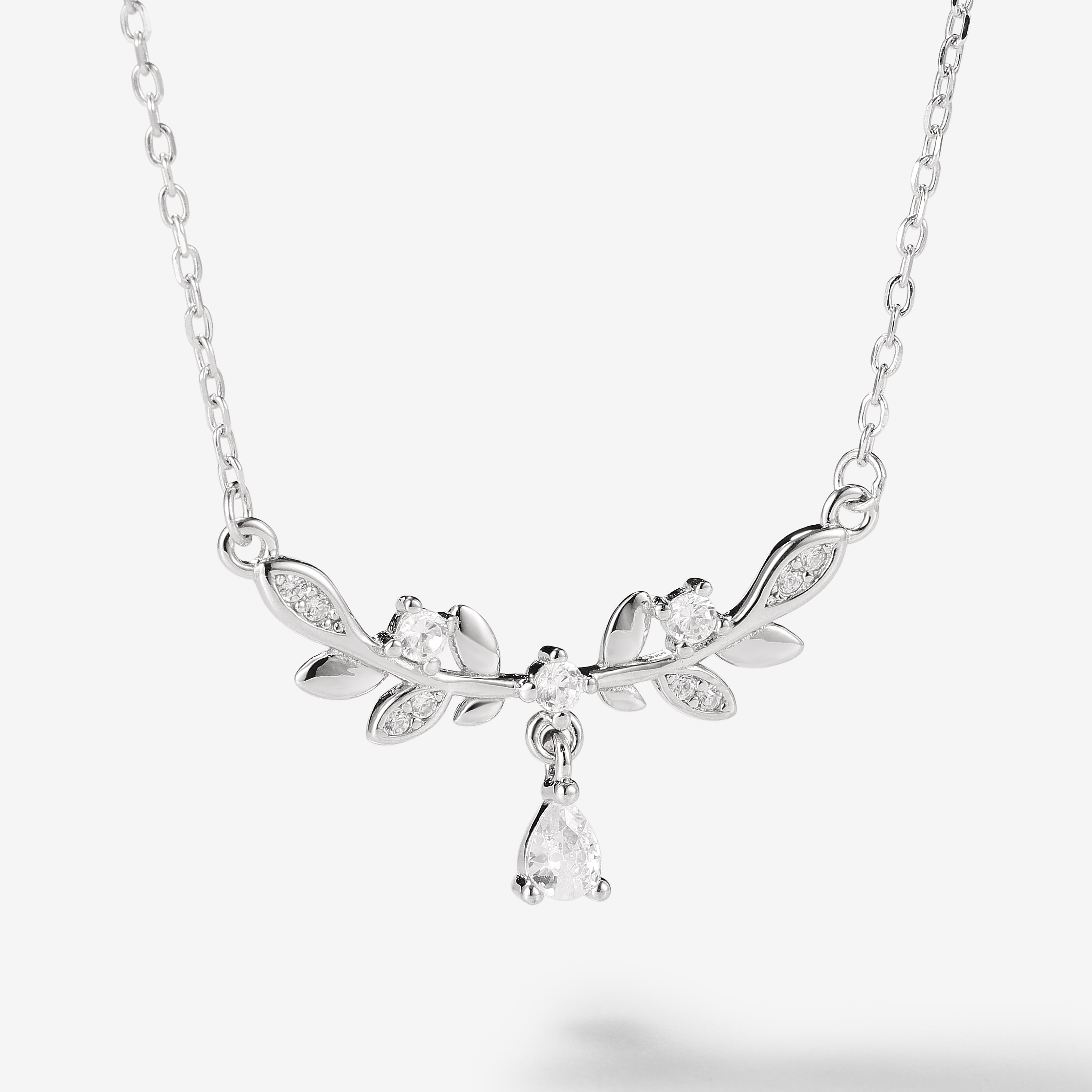 Leaf design necklace, silver pendant with sparkling crystals, gift for her