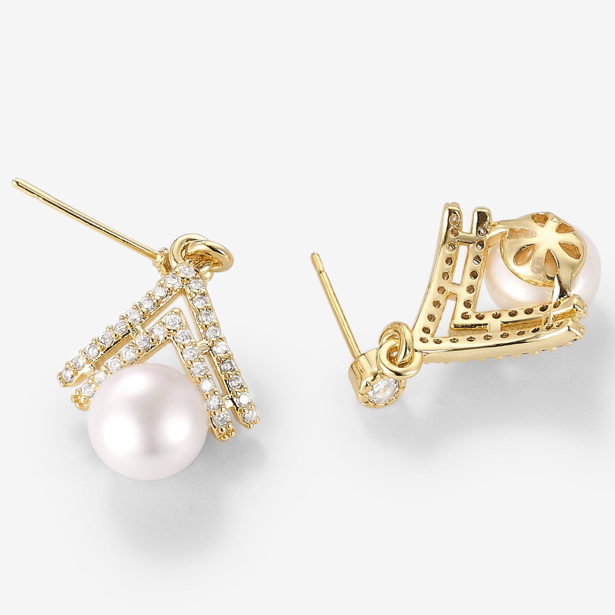 Gold pearl earrings set with diamond accents, Lahela Jewelry