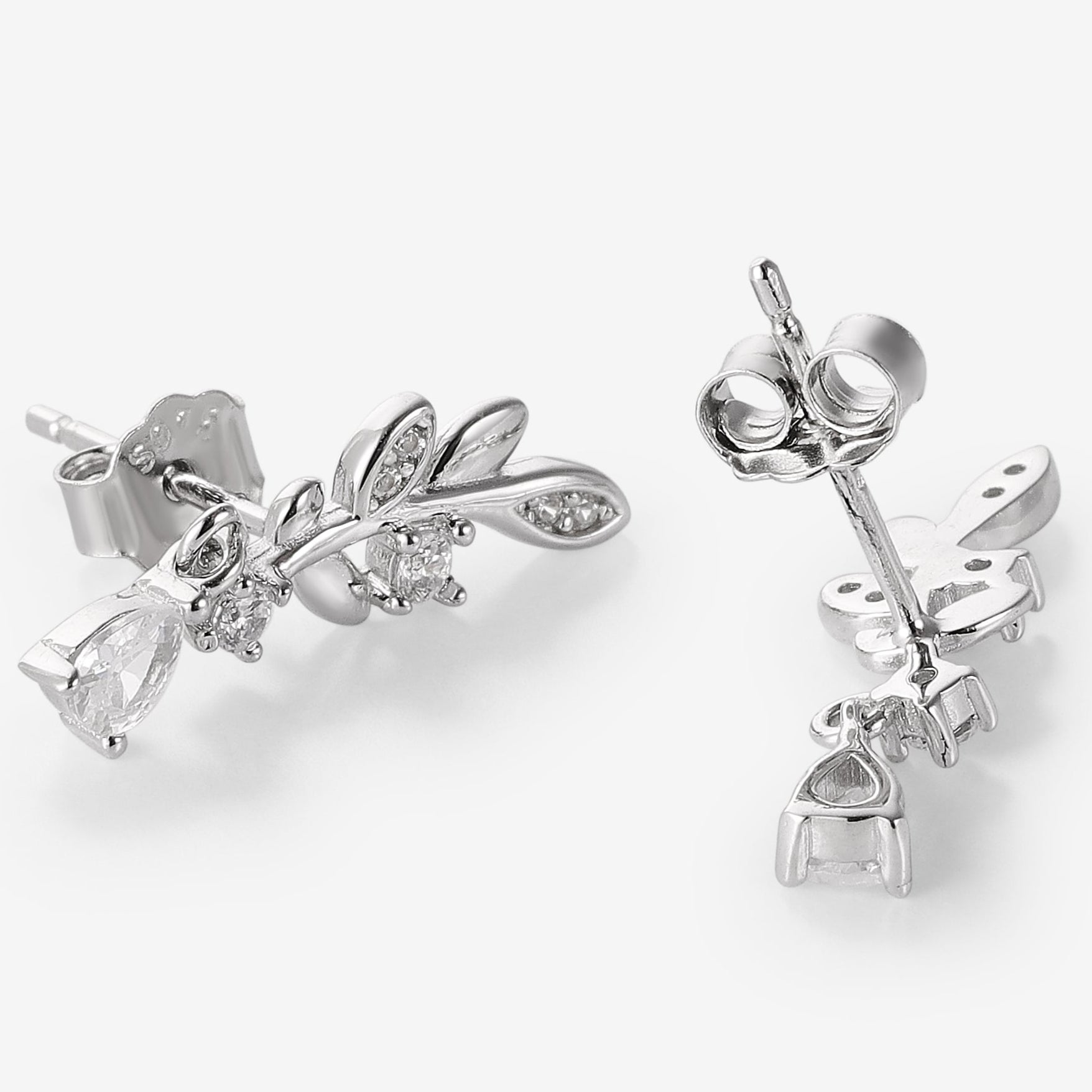 Silver leaf earrings with diamond accents, nature inspired jewelry