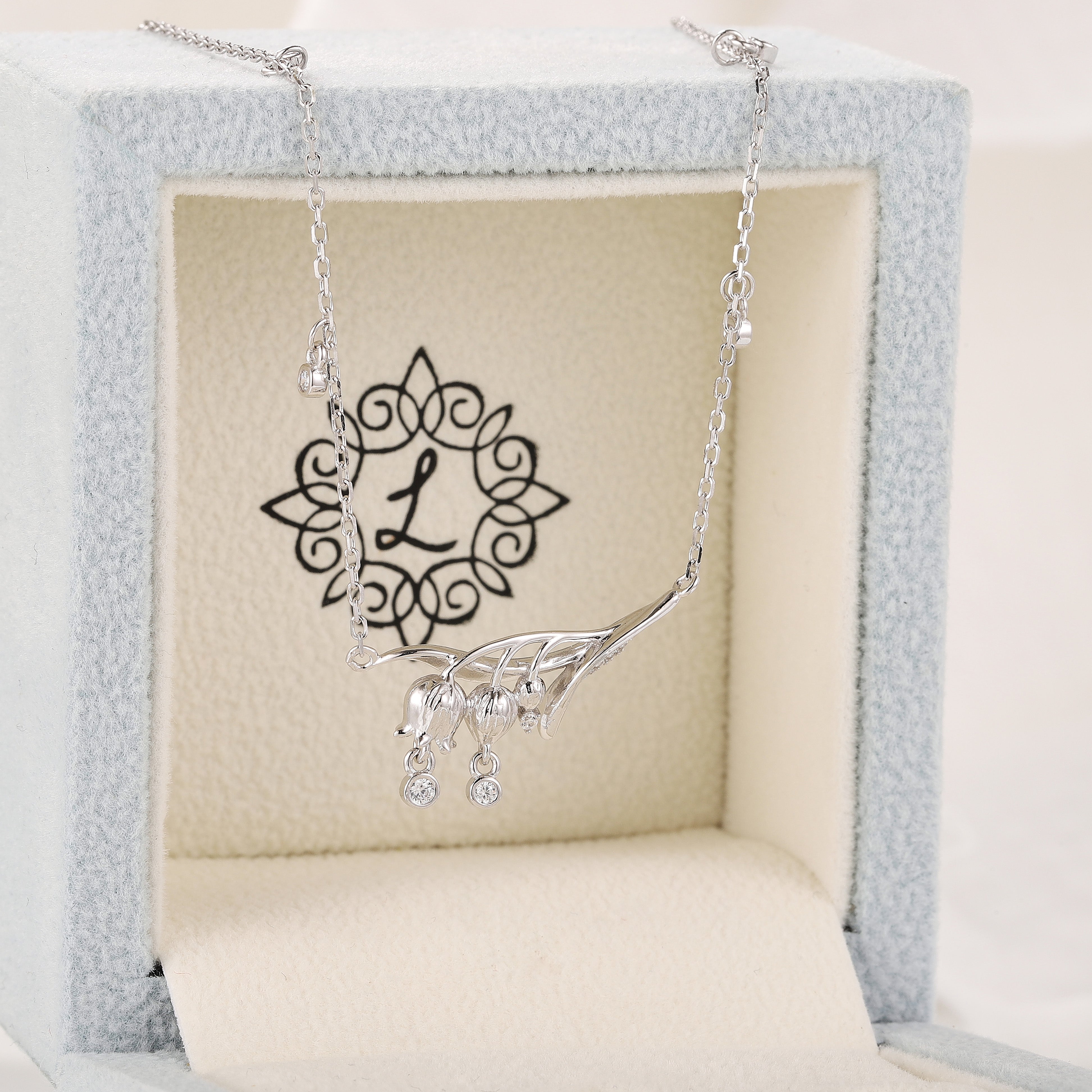 Silver Lily of the Valley necklace in presentation box