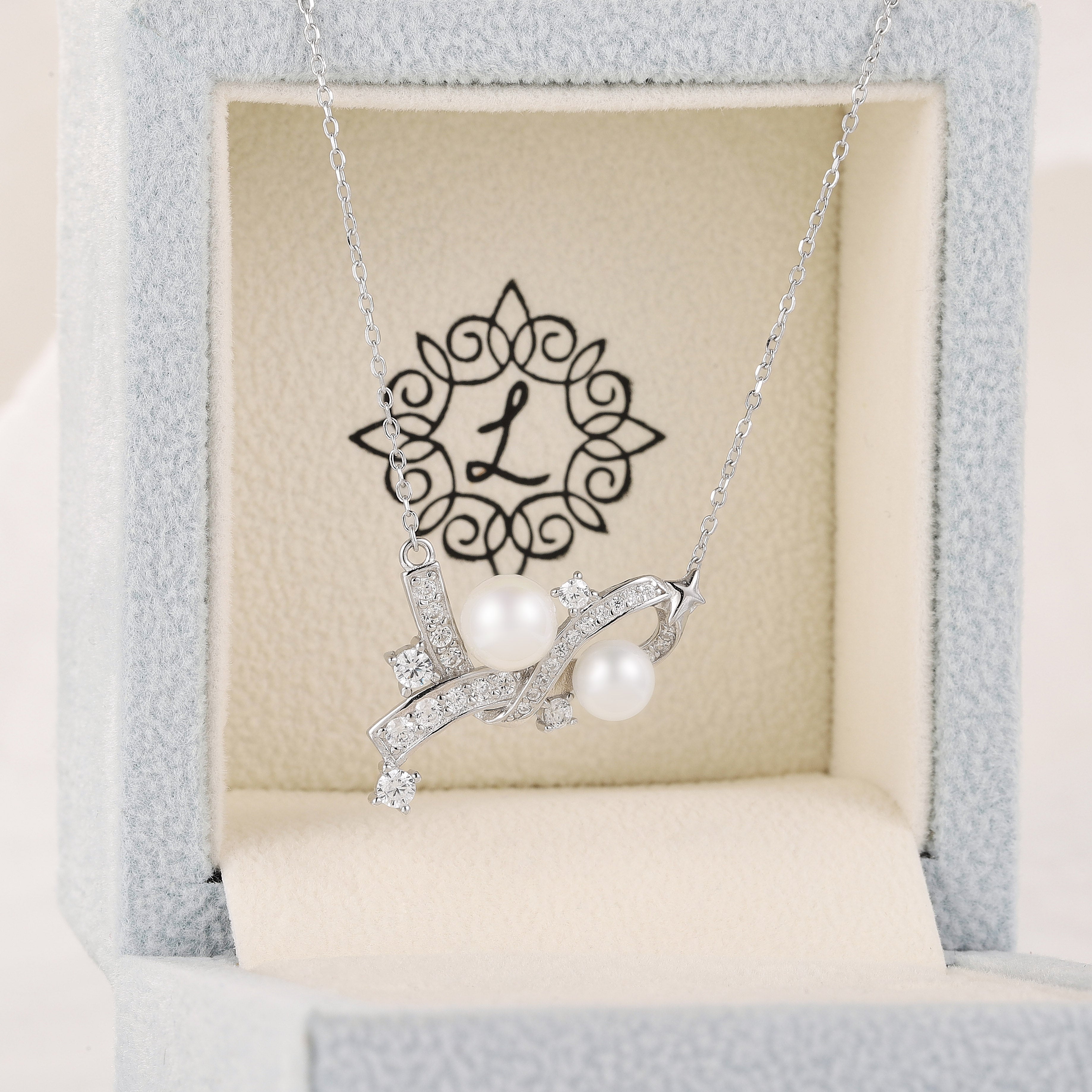 Gemini Zodiac Pearl Necklace in box, elegant silver necklace