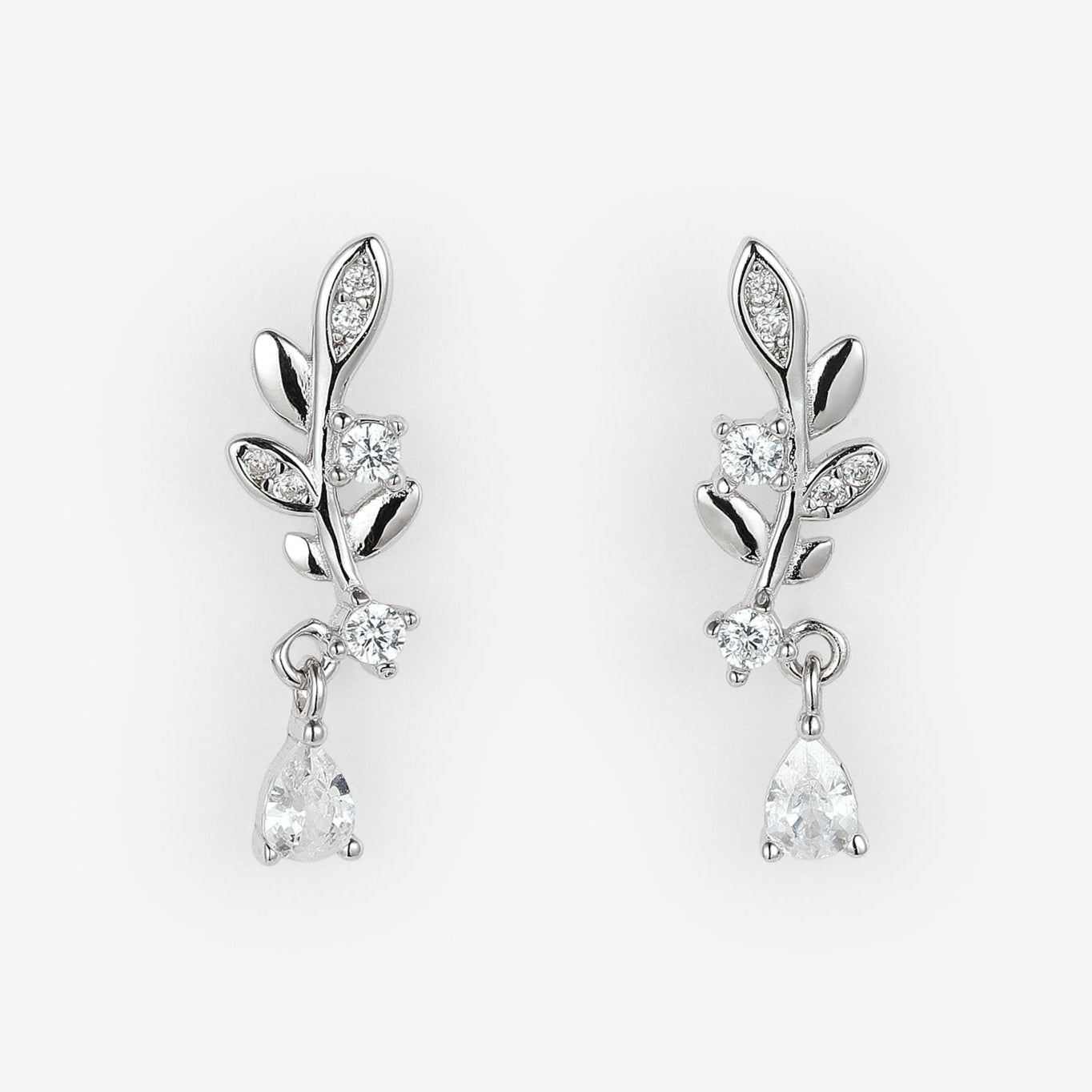 Leaf-inspired earrings with diamonds, sterling silver
