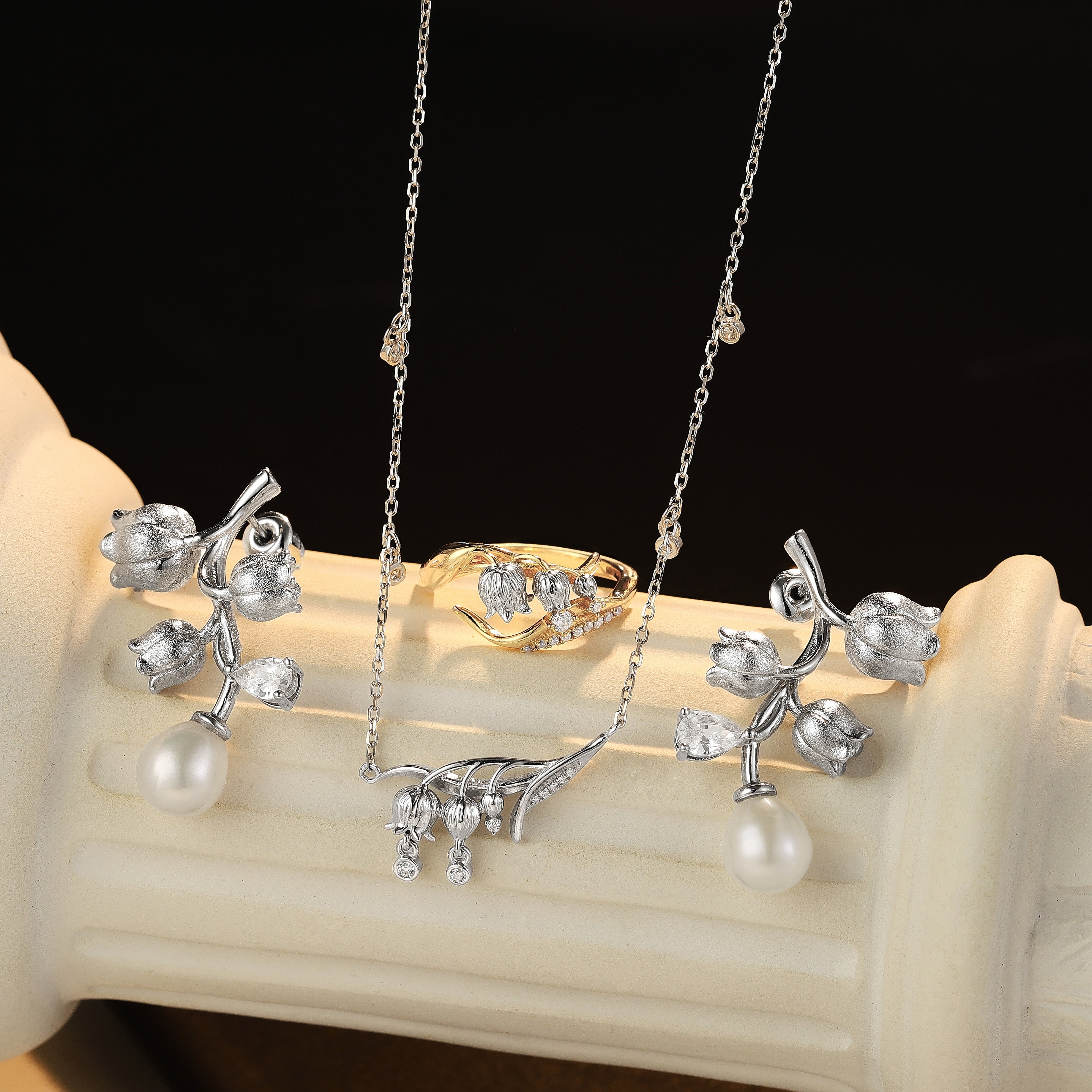 Lily of the Valley Jewelry Set - Ring, Necklace, and Earrings