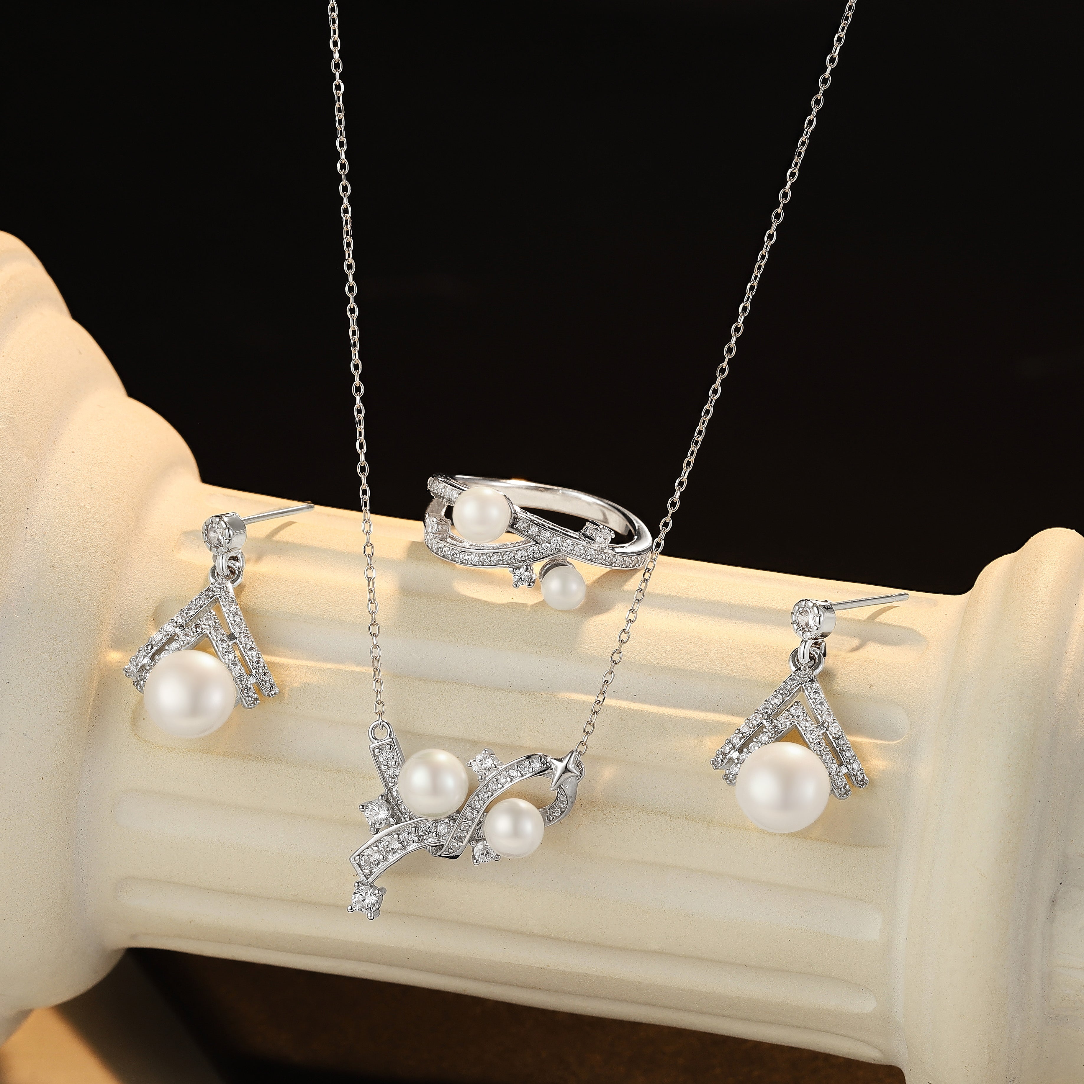 Gemini Zodiac Pearl Jewelry Set - Ring, Earrings, Necklace