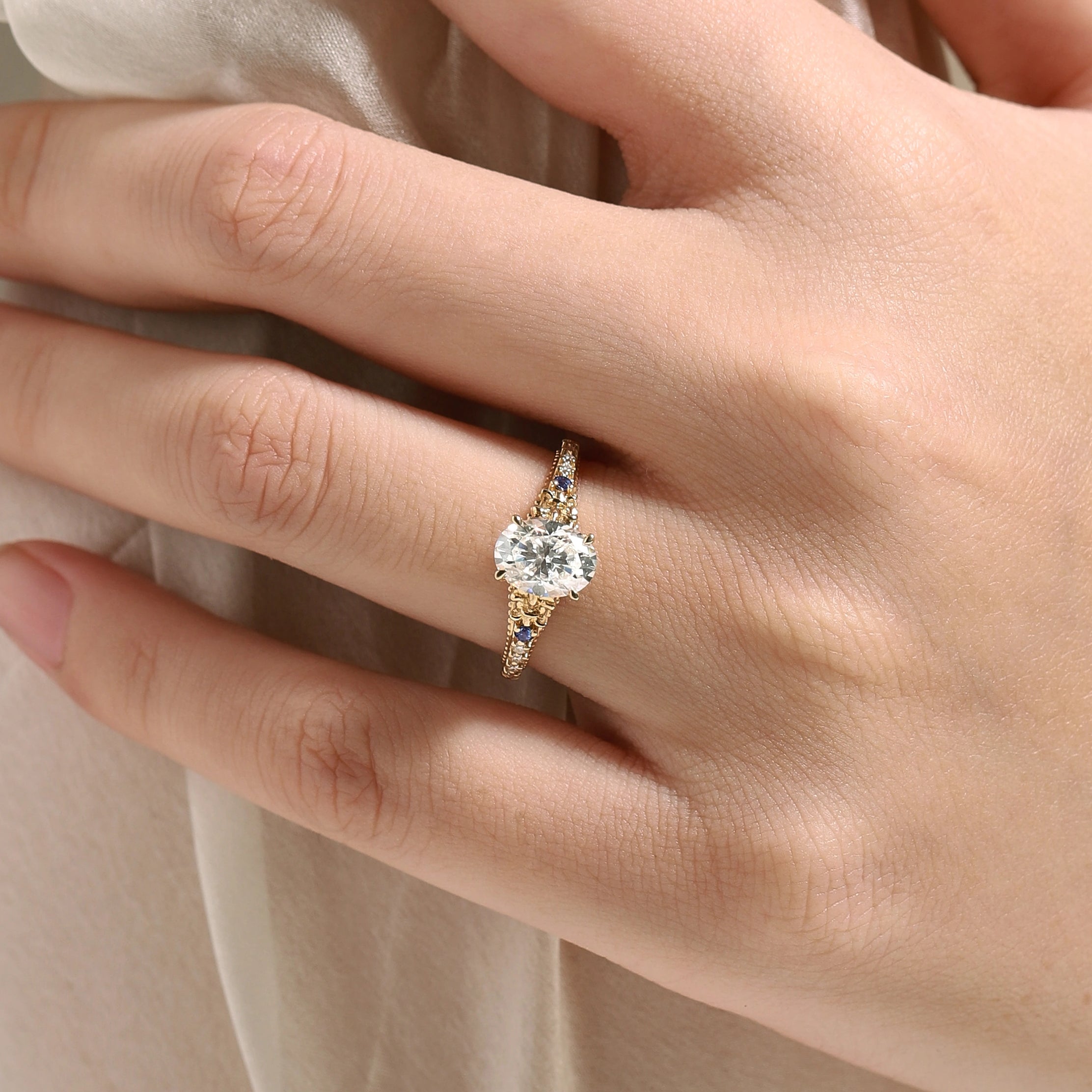 Vintage Victorian Oval Cut Moissanite Engagement Ring - Lahela Jewelry