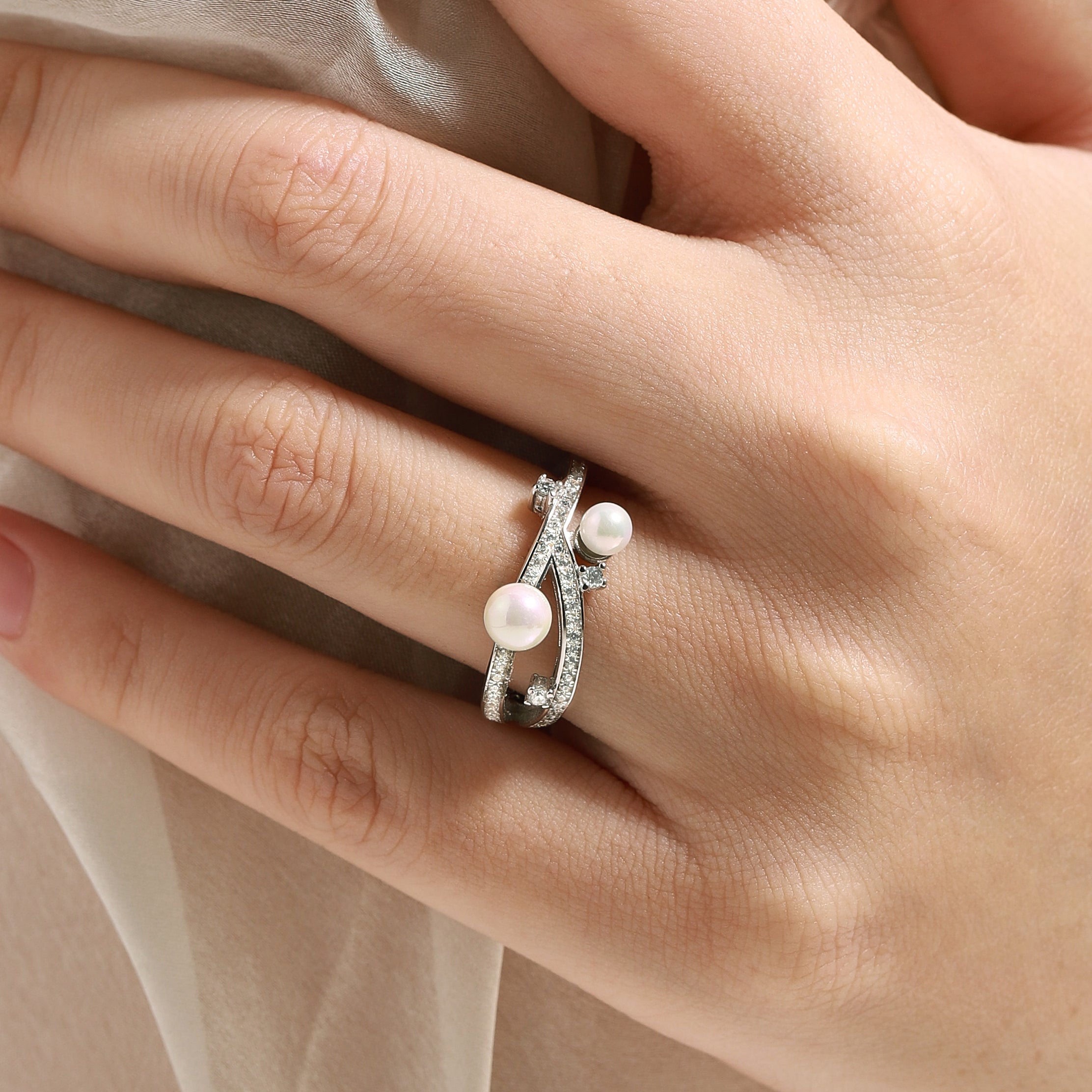 Gemini Zodiac Pearl Engagement Ring, Two Pearls and Moissanite Accents