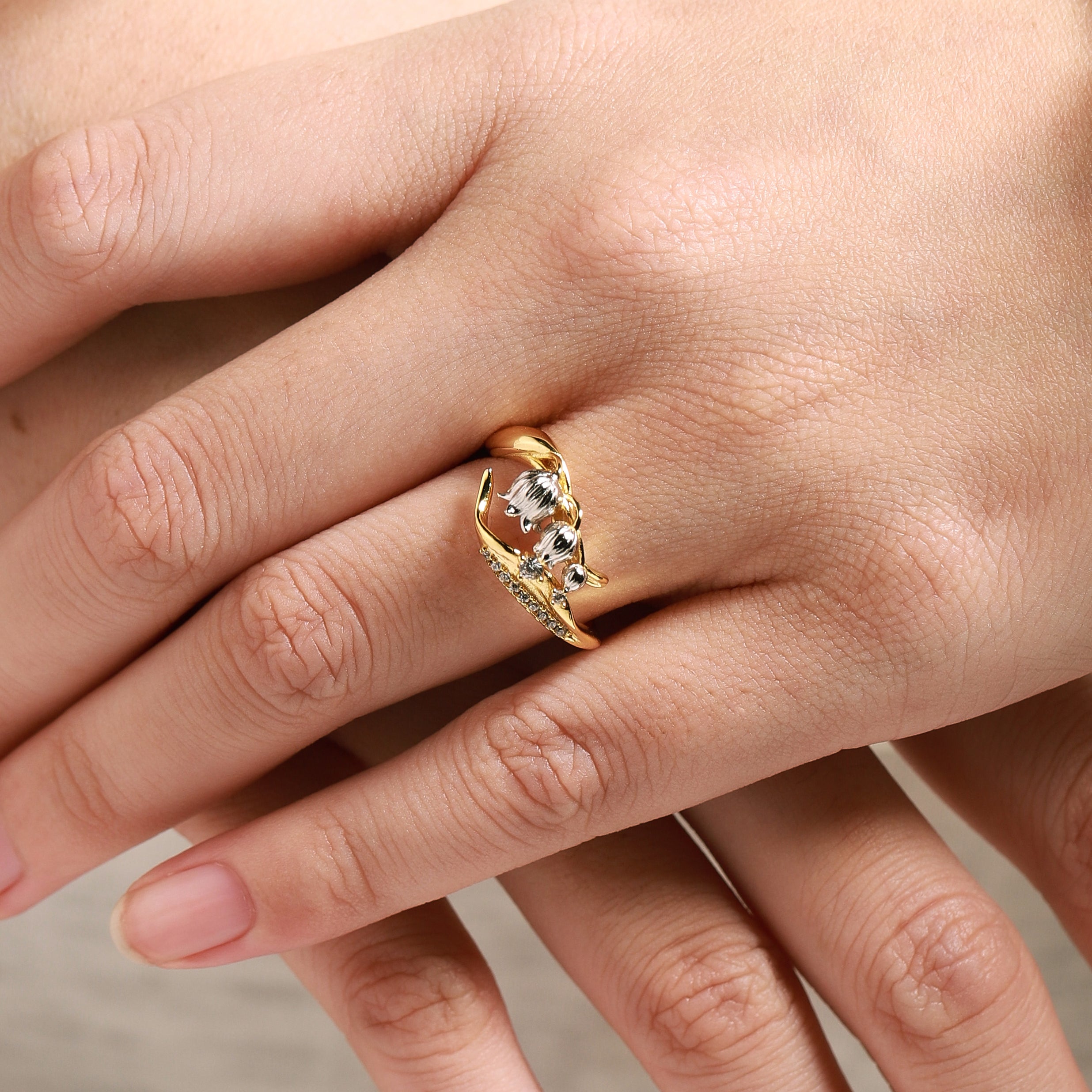 Lily of the Valley engagement ring, moissanite, gold