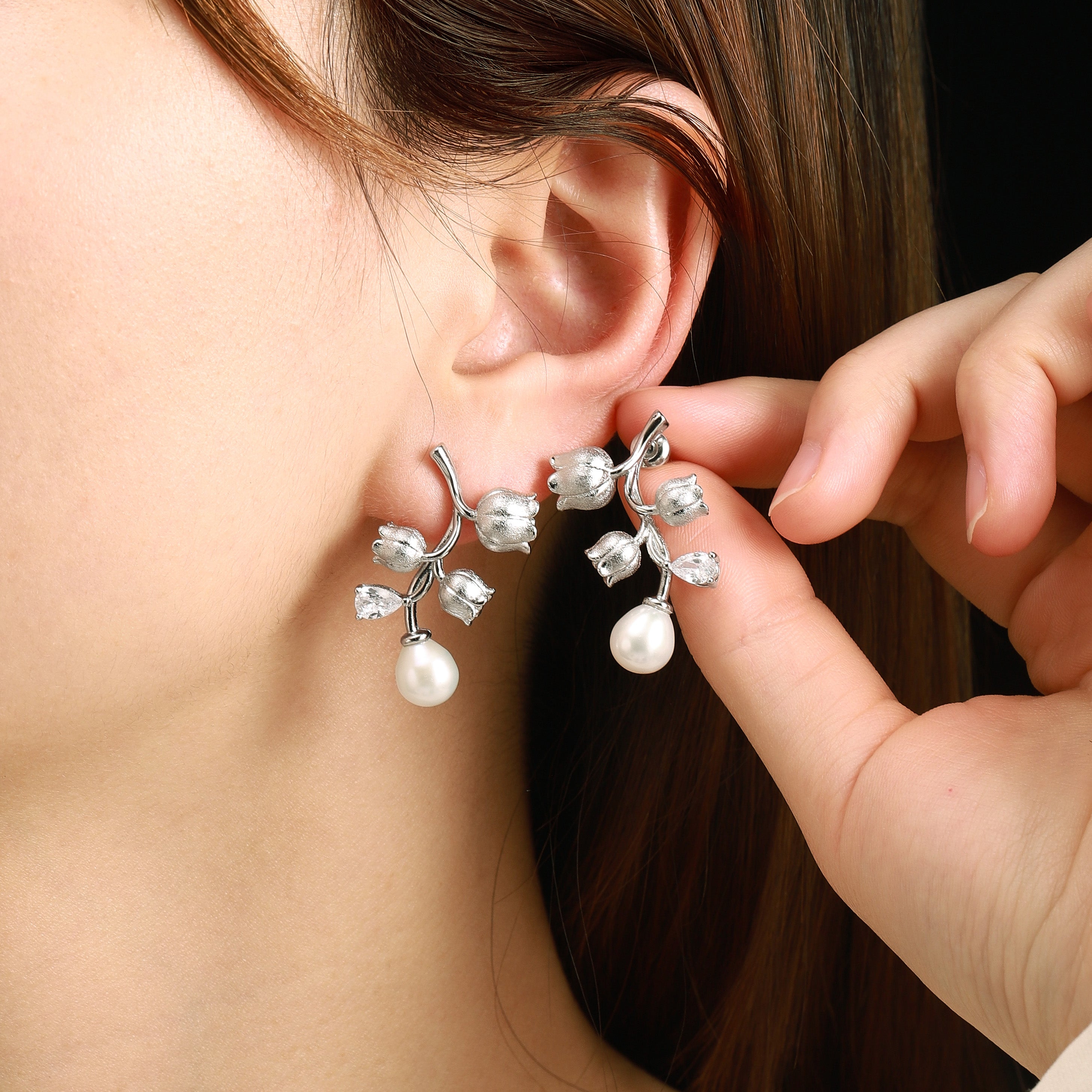 Lahela Jewelry Lily of the Valley Earrings - Pearl Drop Silver