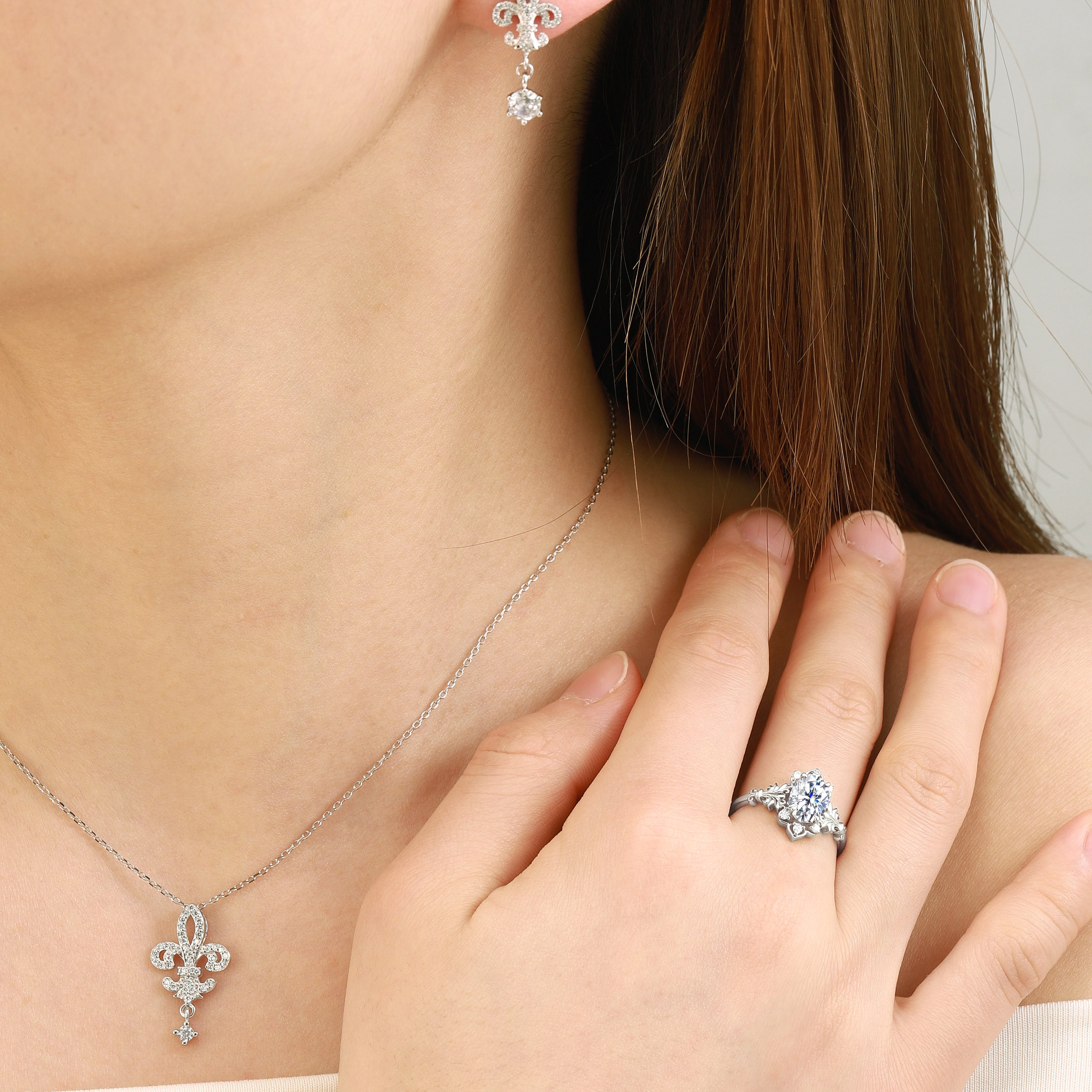 Elegant Iris floral jewelry set - ring, earrings, and necklace