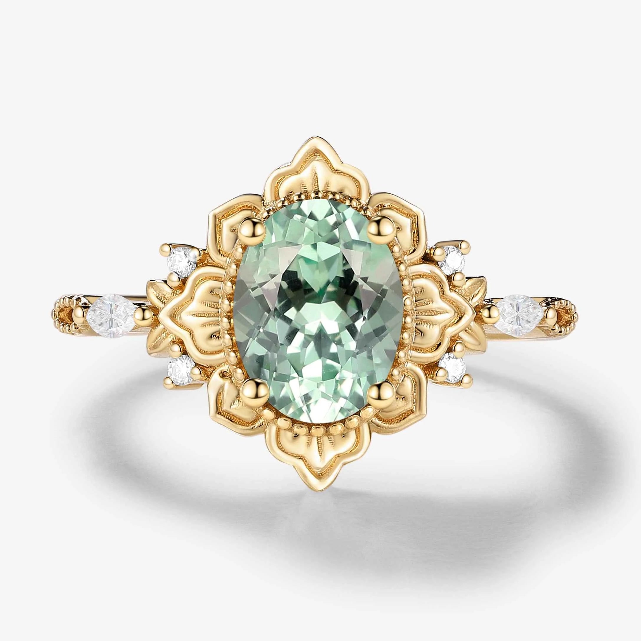 Oval Green Sapphire Nature-Inspired Leaf Vintage Halo Engagement Ring