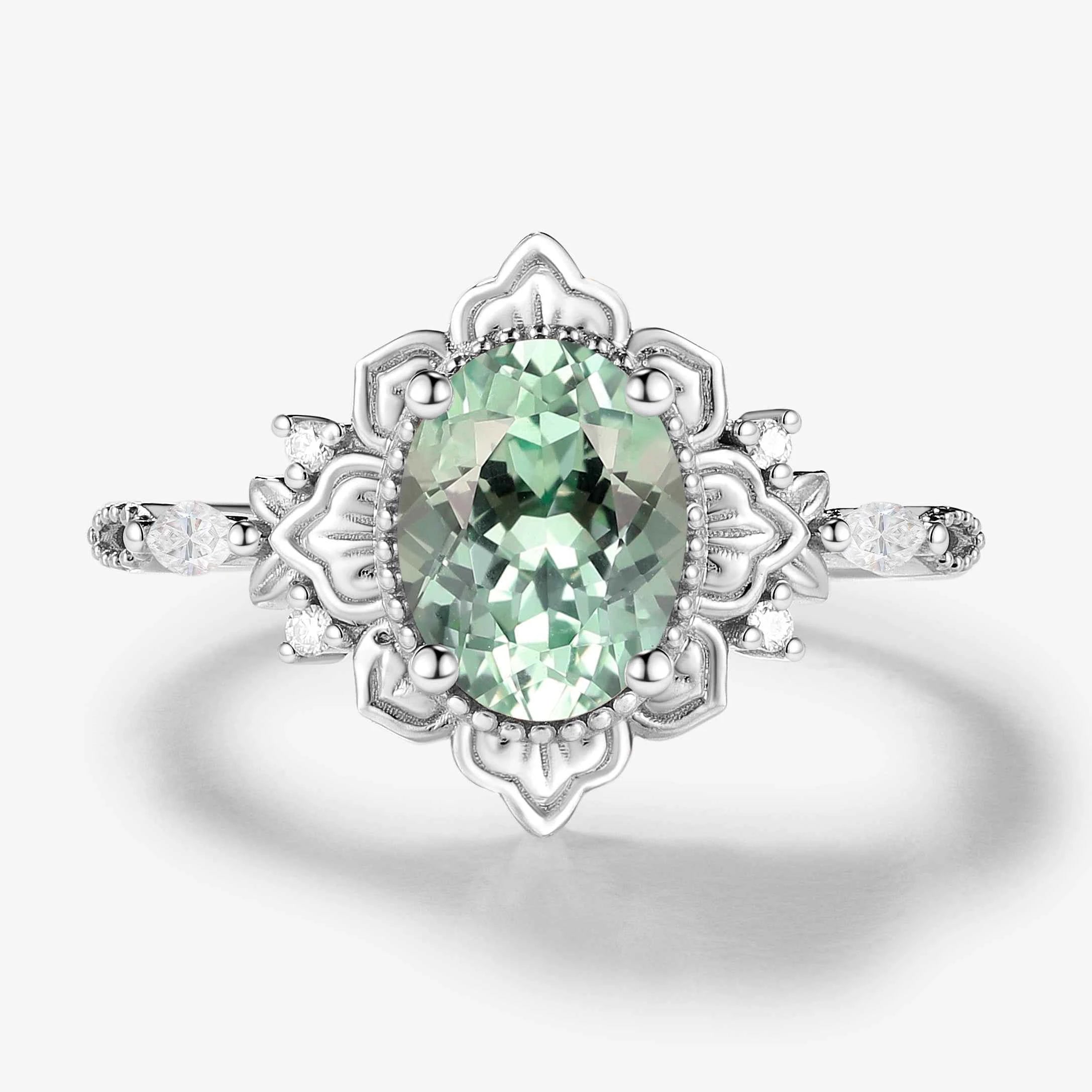 Oval Green Sapphire Nature-Inspired Leaf Vintage Halo Engagement Ring