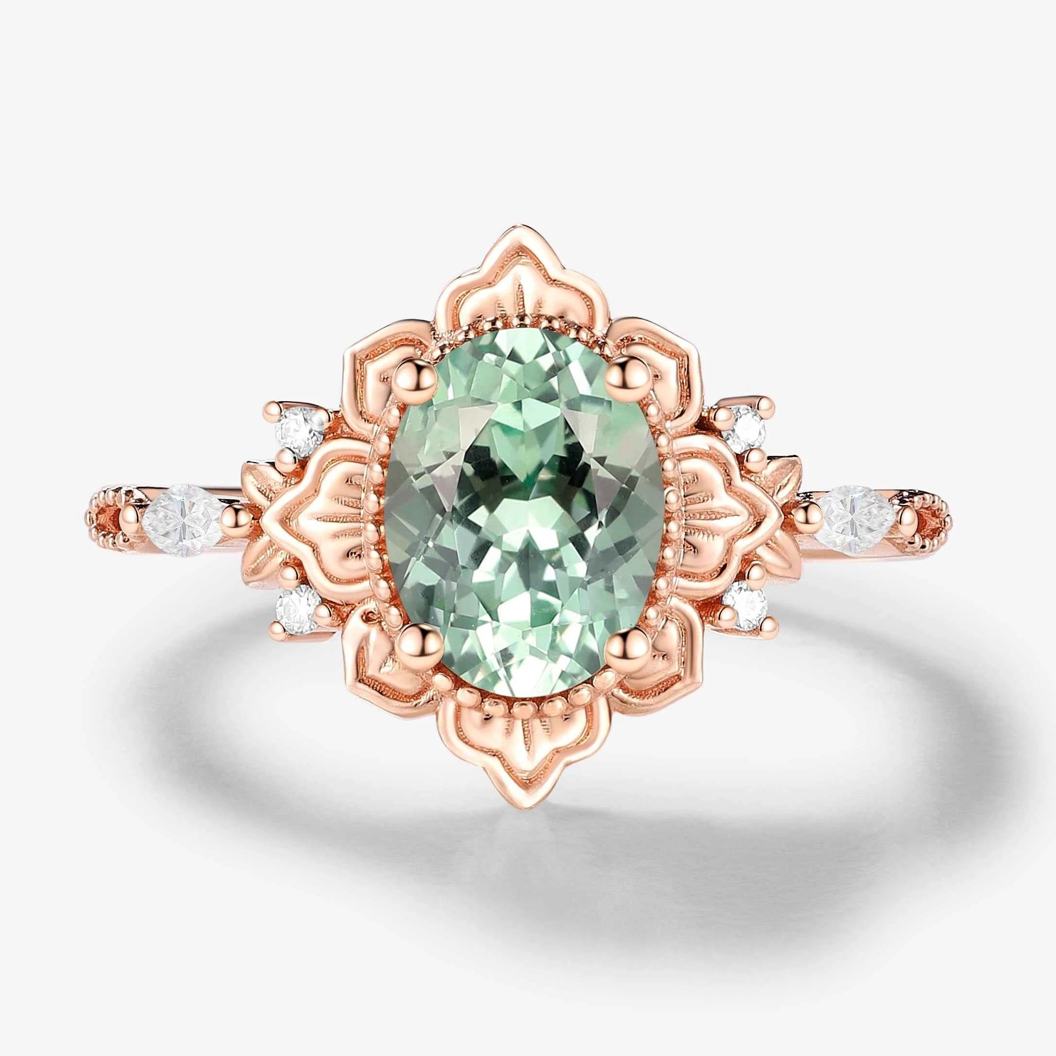 Oval Green Sapphire Nature-Inspired Leaf Vintage Halo Engagement Ring