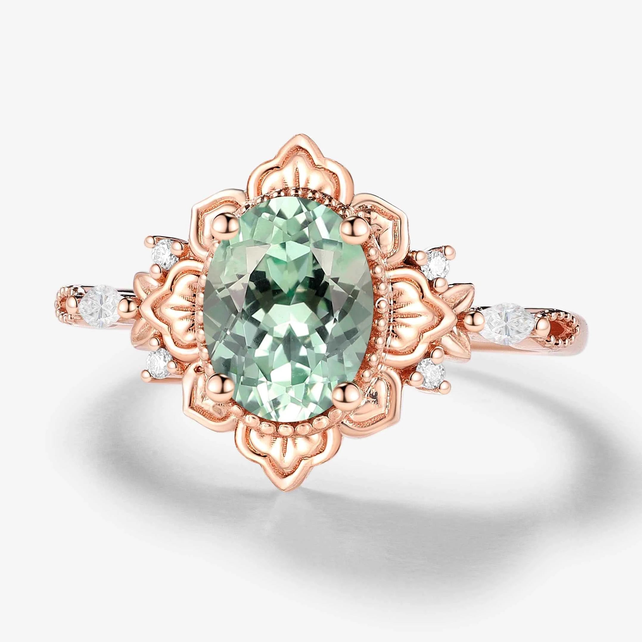Oval Green Sapphire Nature-Inspired Leaf Vintage Halo Engagement Ring