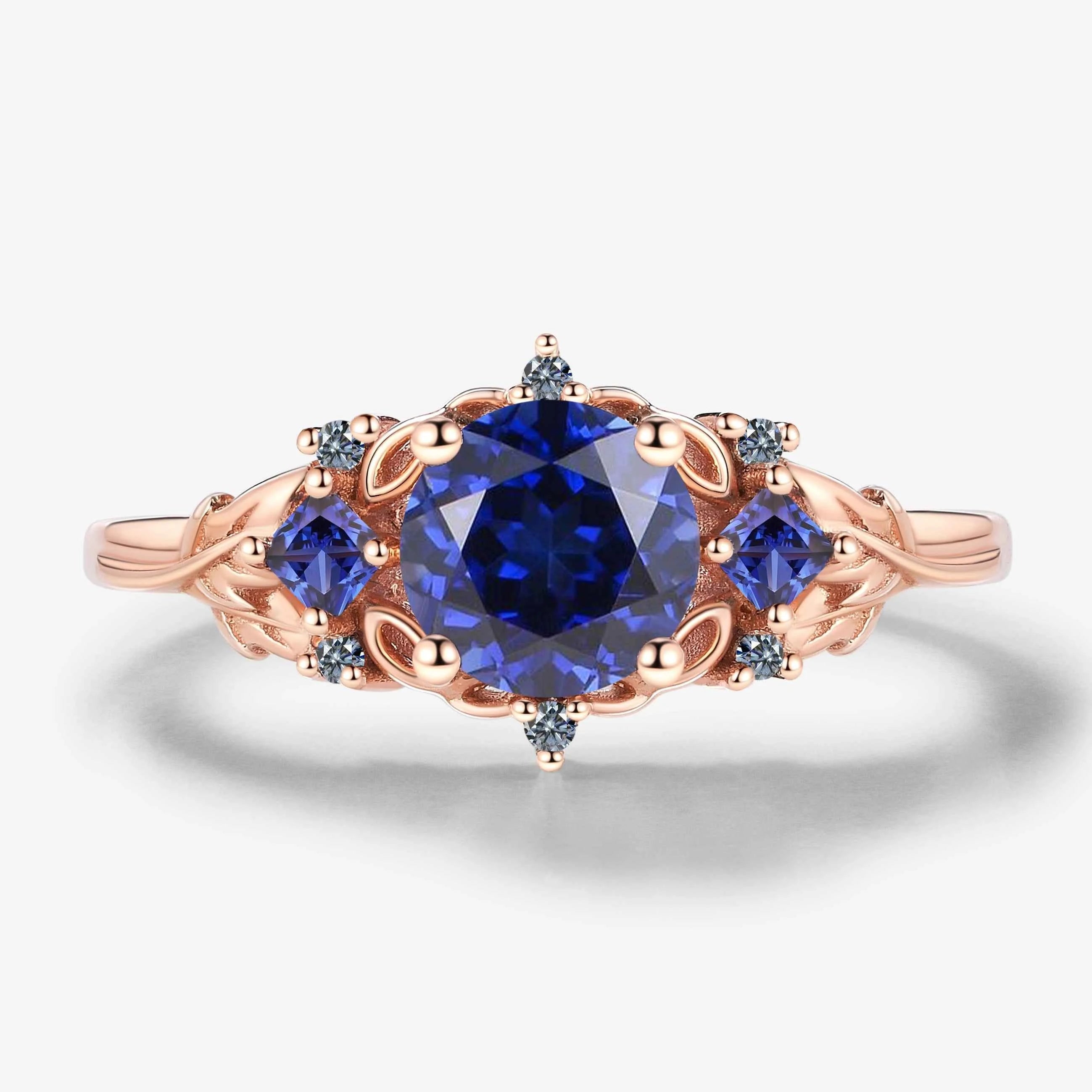 Vintage Leaf Stackable Round Sapphire Engagement Ring
