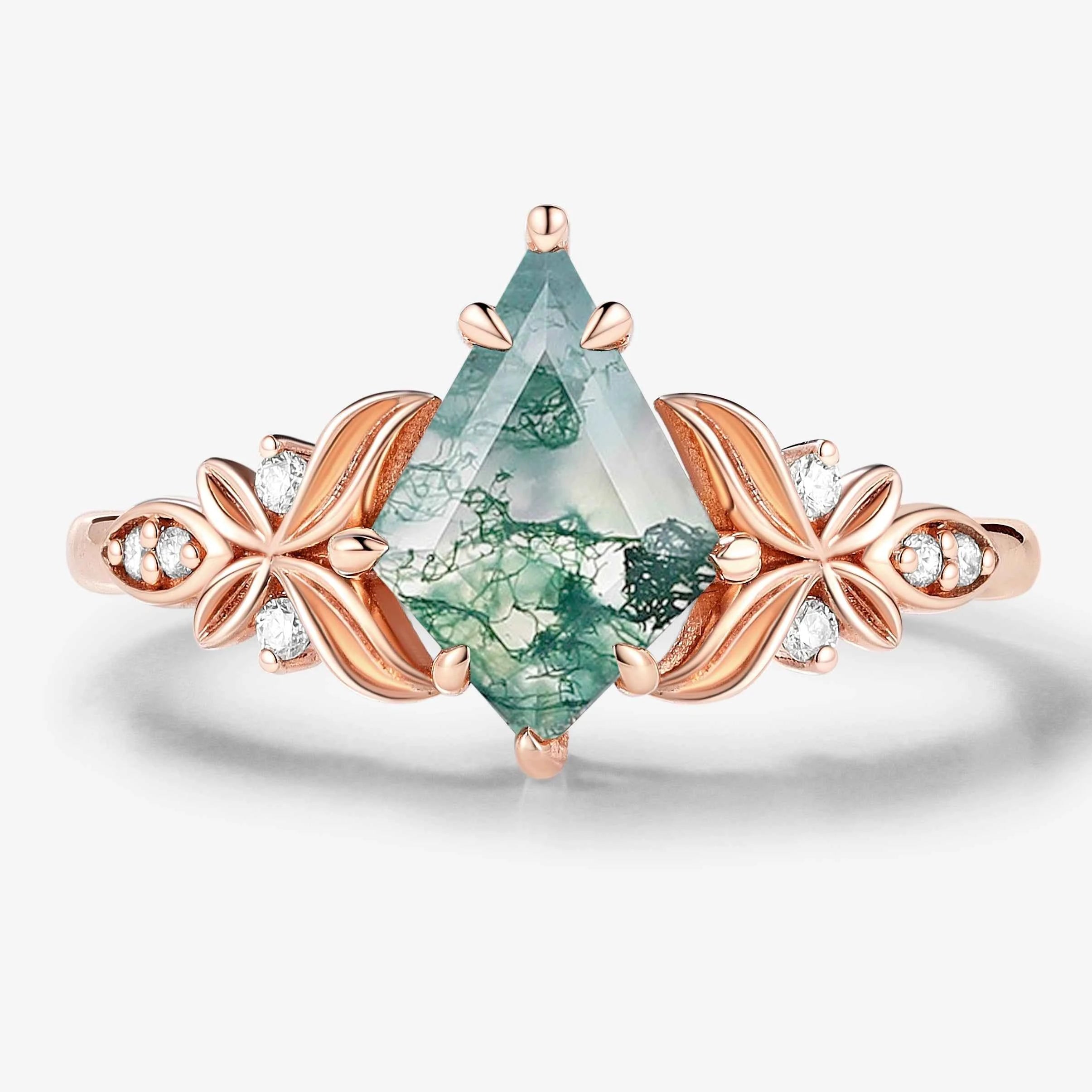 Vintage Milgrain Band Kite-Cut Moss Agate Engagement Ring