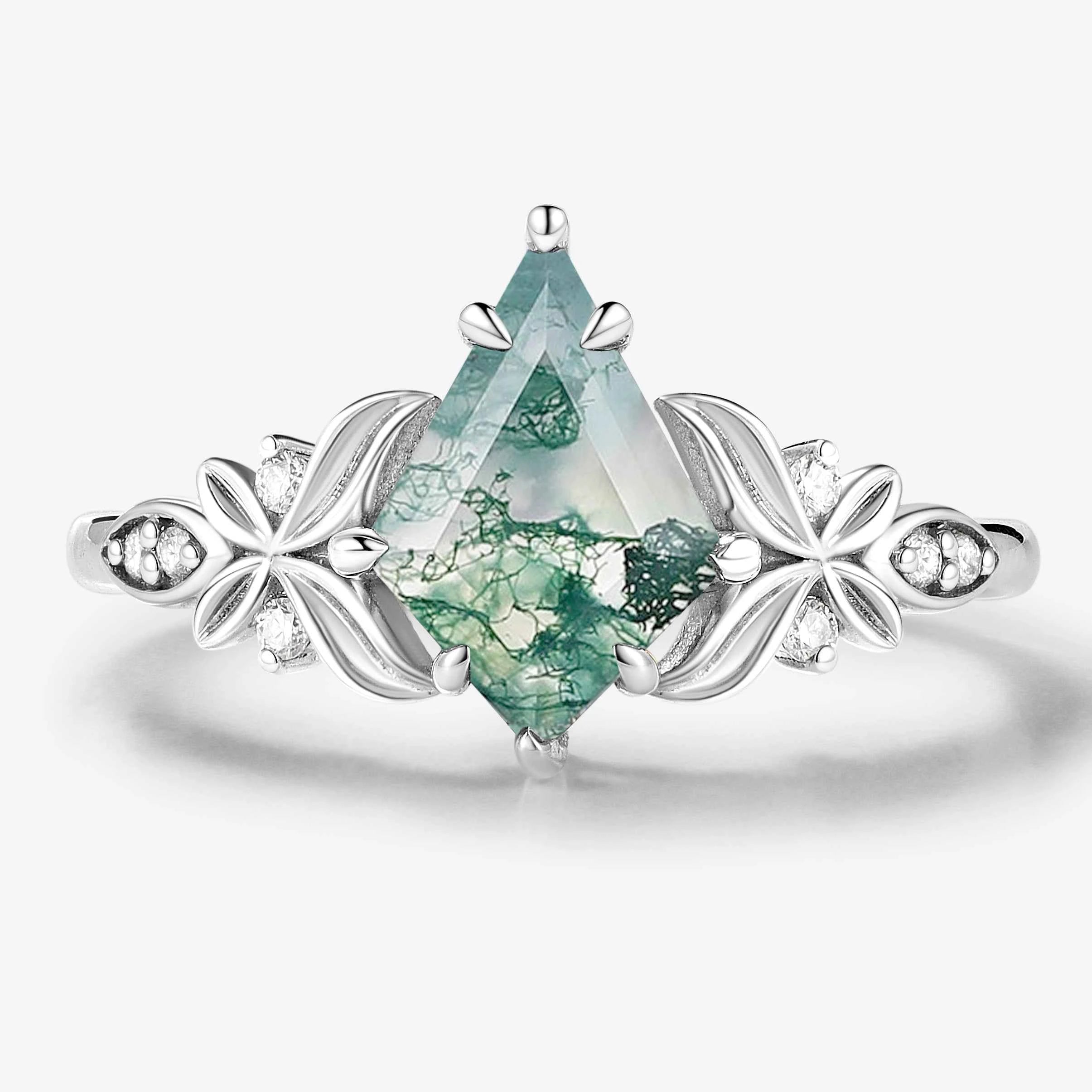 Vintage Milgrain Band Kite-Cut Moss Agate Engagement Ring